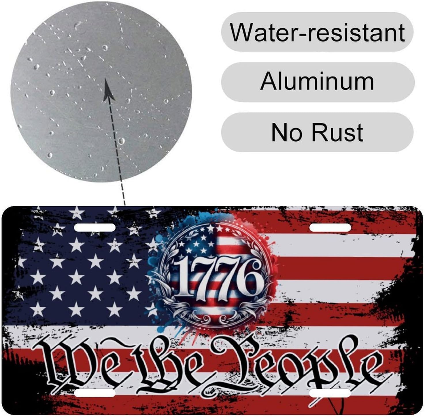 American Flag Front License Plate – 1776 We The People Grunge Aluminum Car Tag, 12×6 Patriotic Decorative Plate