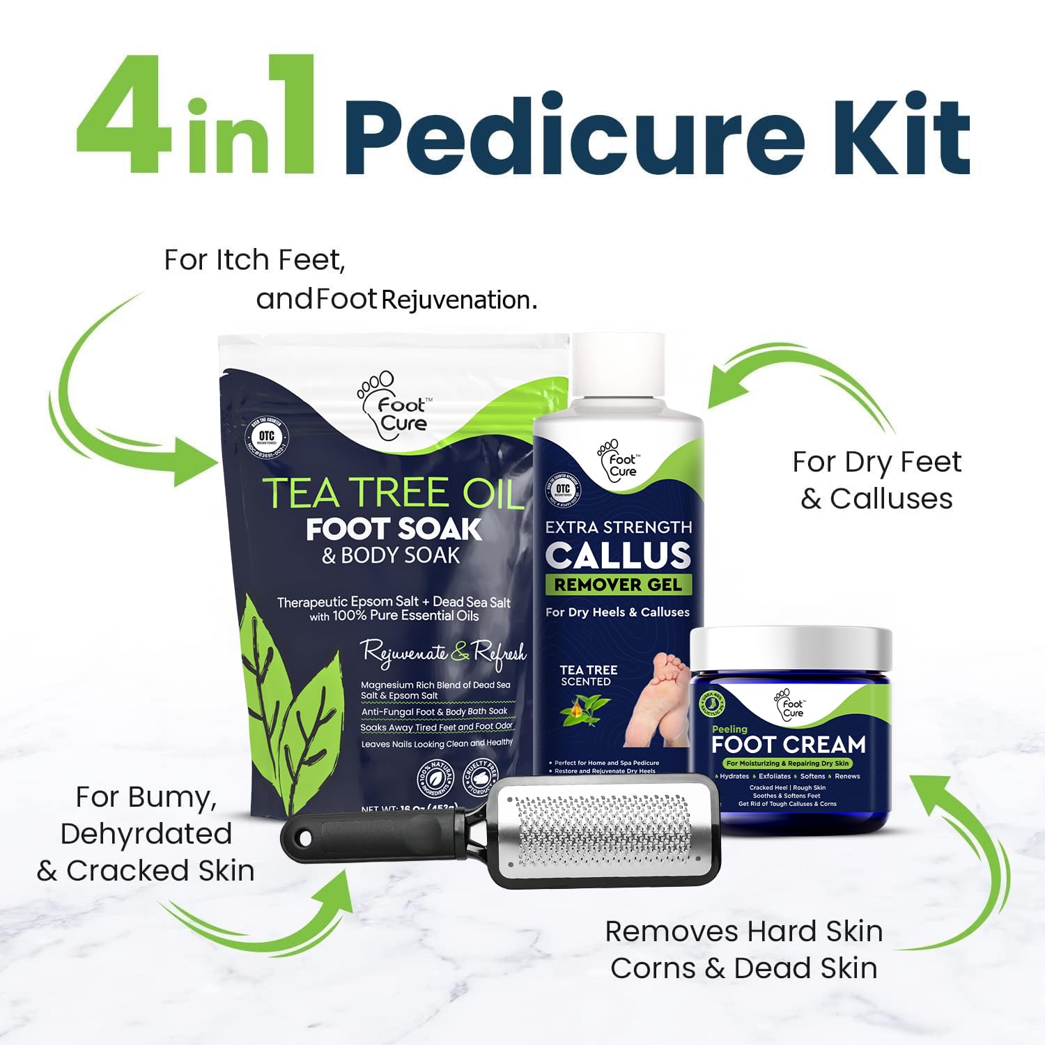 FOOT CURE Exfoliator & Callus Remover Pedicure Set – Care Kit Includes File for Dead Skin, Tea Tree Oil Soak Salts, Urea Cream 40 Percent Removal Gel Made in USA, Ivory, 4 Piece - Image 3