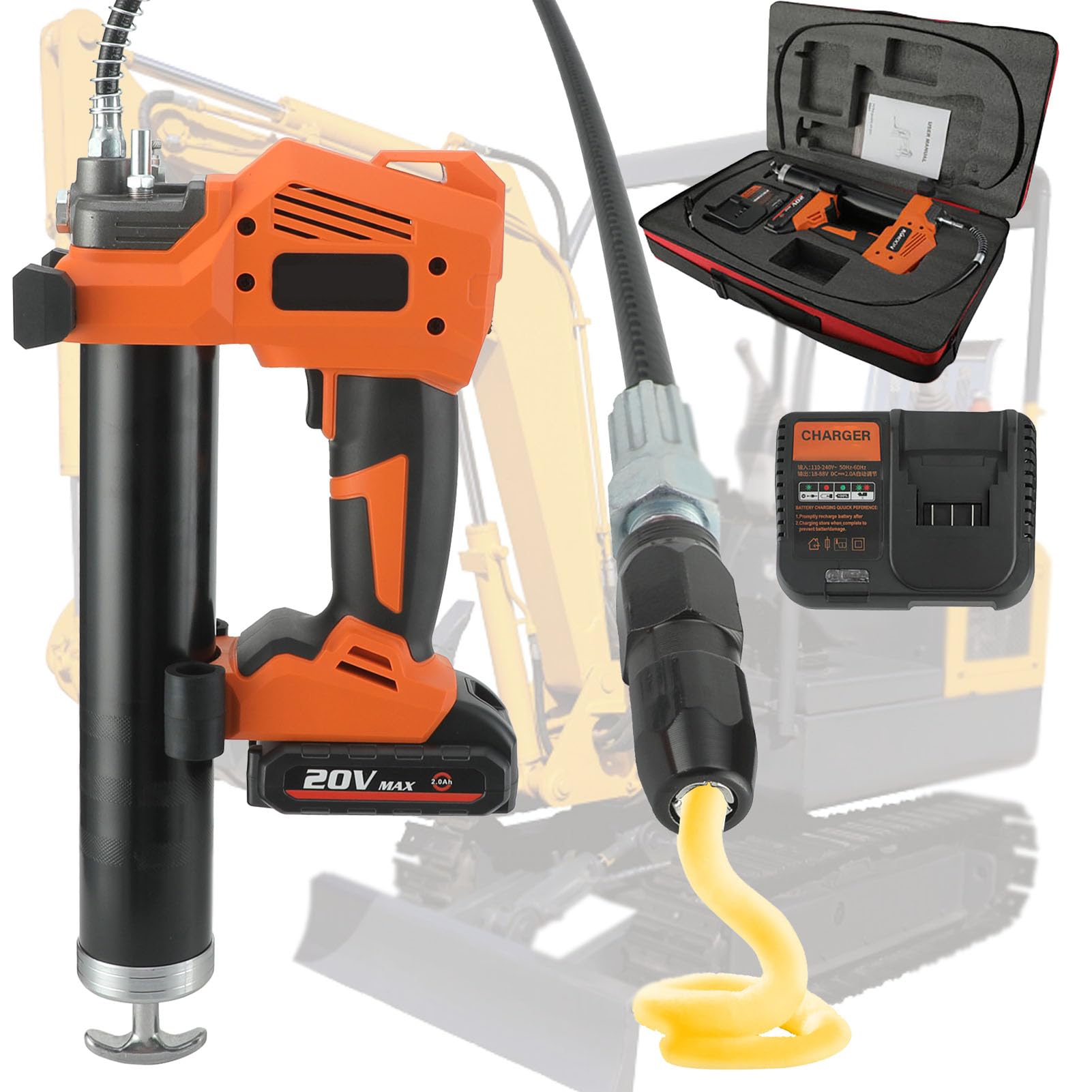 Pistola Engrasadora Inalámbrica, Pistola Engrasadora De 10000 PSI, 500 CC, Manguera Flexible De 30 Pulgadas con Batería De 1x20 V, 1 Cargador, 1 Caja De Almacenamiento