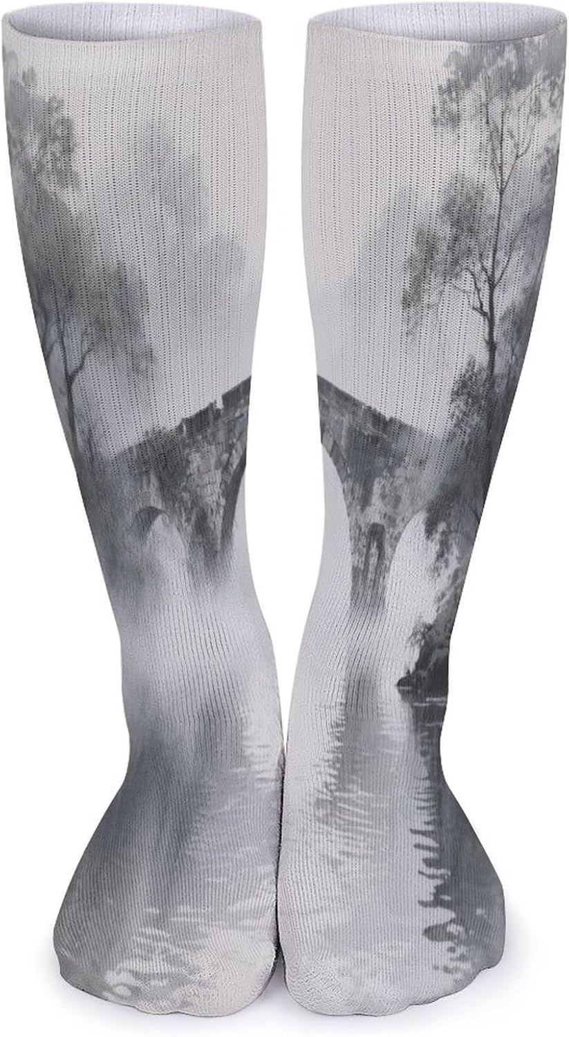 Ancient Stone Bridge Crew Socks High Stocking Thermal Socks | Tube Socks-Breathable-Moisture-Soft-wicking for Hospital Pilates Yoga for women men Grippy for office and daily walking