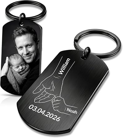 BEXOA Custom Keychain with Picture - Personalized Engraved Photo Text Keychains for Men, Dad, New Dad Gifts