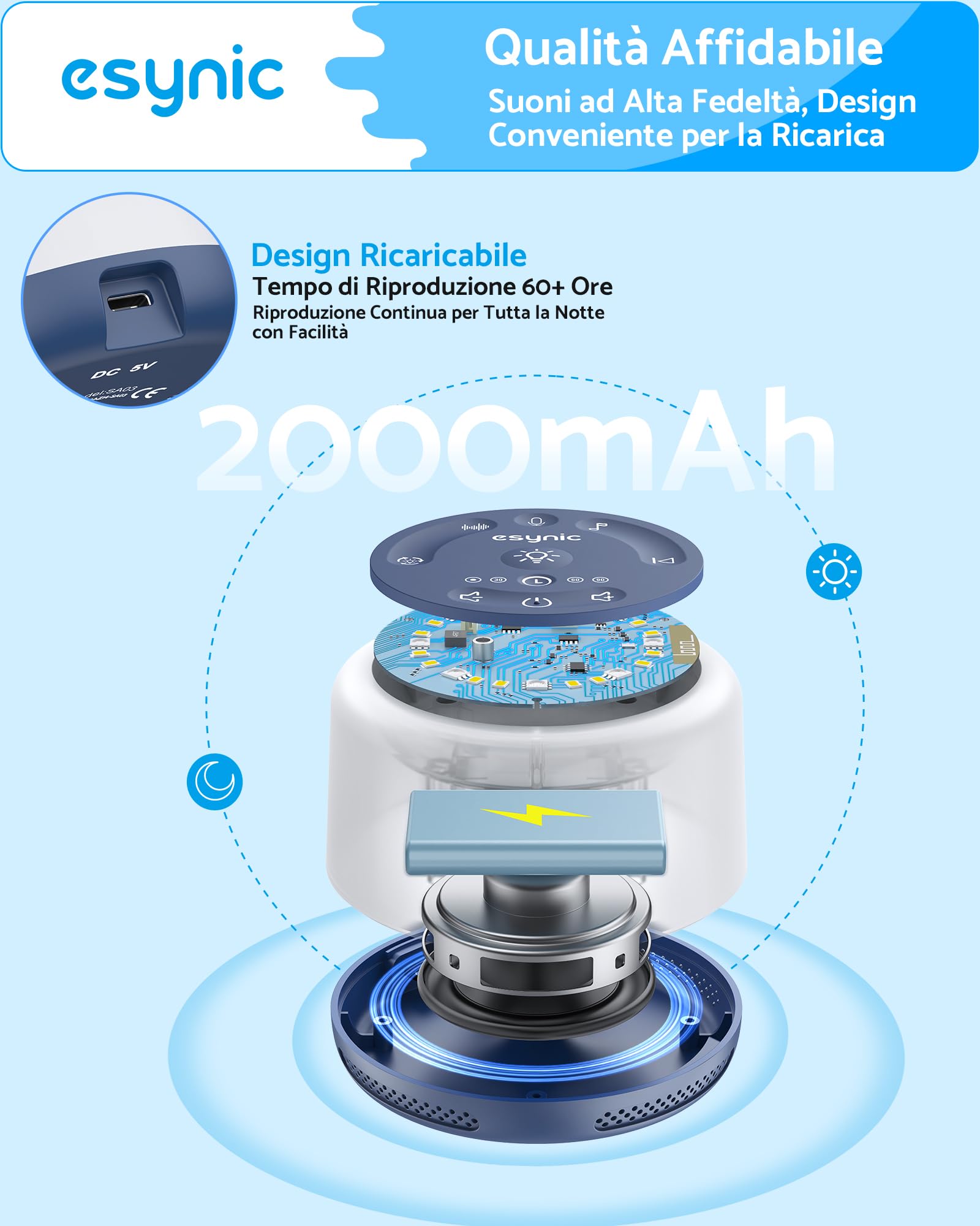 ESYNiC Rumore Bianco Neonato 30 Suoni con Luce Notturna 7 Colori Luminosità Regolabile Macchina Rumori Bianchi Ricaricabile Funzione Timer Memoria Registrazione Vocale per Bambini Adulti - Blu