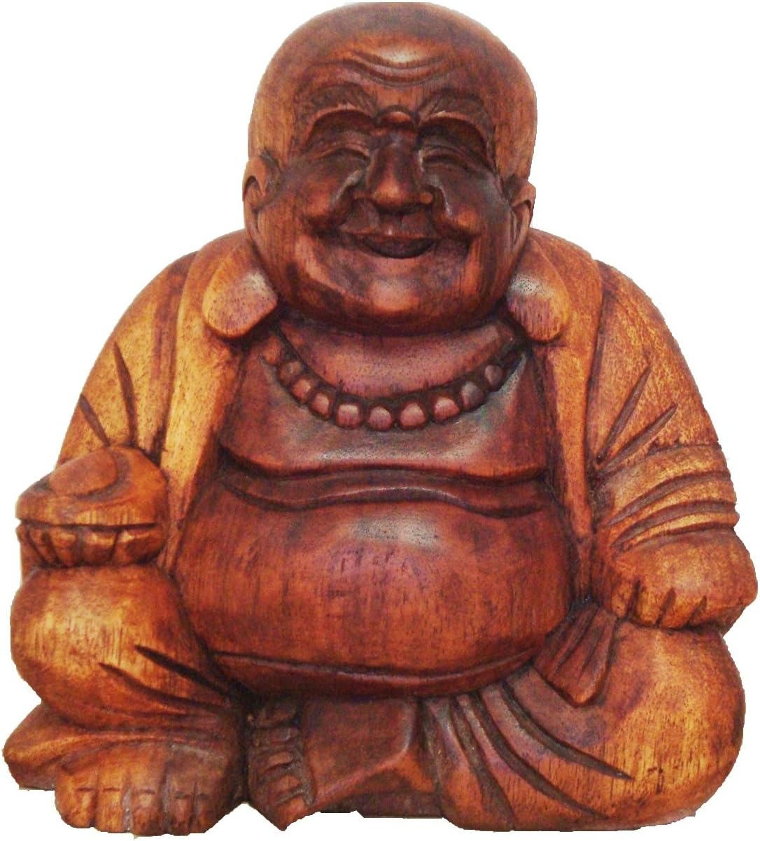 Sitting Happy Buddha Statue 20 cm Solid Wood Carving Brown