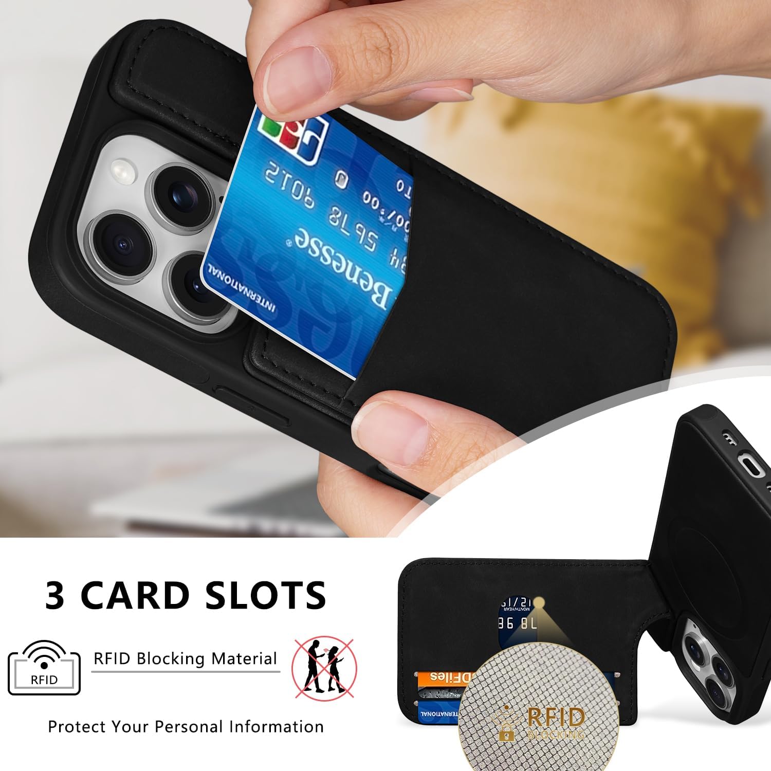 Case for iPhone 16 Pro Max Wallet Case with 3 Credit Card Holder [RFID Blocking], MagSafe, Kickstand, Magnetic Back Flip Case Heavy Duty Protective Cover for iPhone 16 Pro Max 6.9"-Black - Image 2