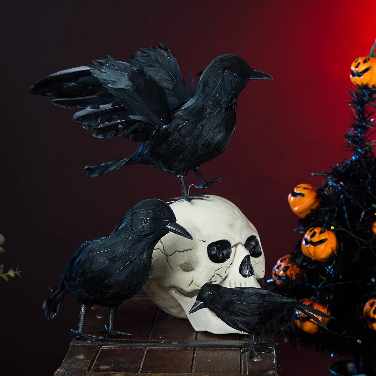 Tinsow 3 Pcs Black Crows Halloween Prop Realistic Handmade Feathered Crow Fly and Stand Crows Ravens for Outdoors and Indoors Crow Decoration (Black, 3)