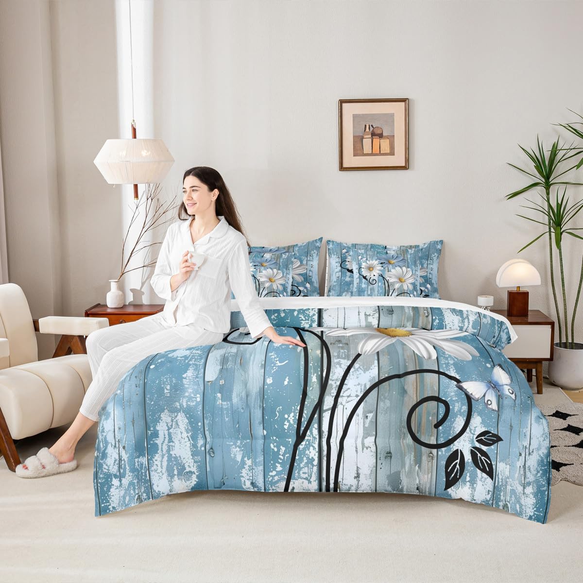 Farmhouse Flower Comforter Sets Rustic County Floral Bedding Set 7 Pieces,Country Blue Daisy Bed In A Bag Full Size for Adults Farm House Room Decor,Wildflower Wooden Sheet Set With Comforter