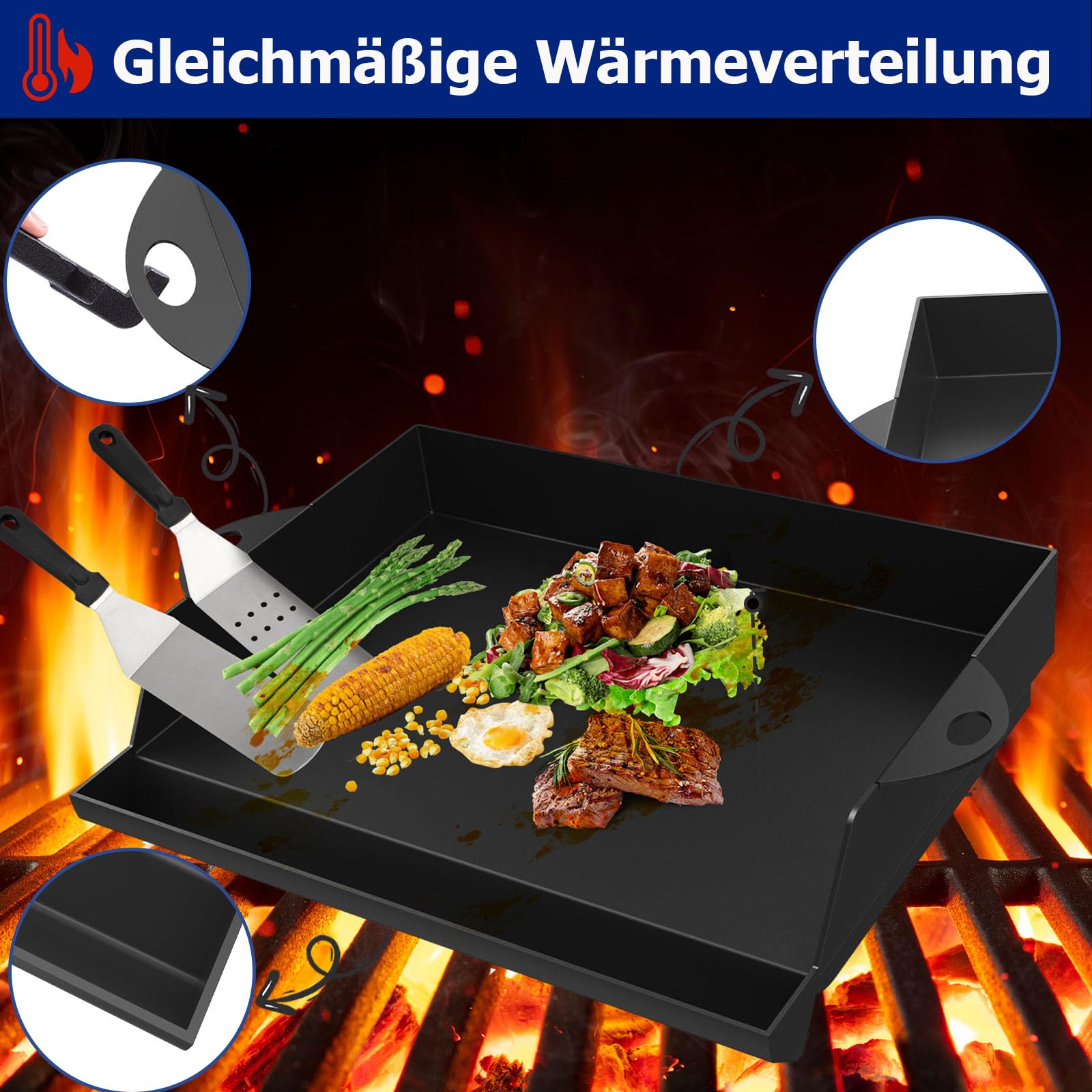 Universal Plancha Grillplatte Gusseisen mit Schaber und Spachtelf Zubehör set, Hochwertige Antihaftbeschichtung Grillpfanne für meisten gasgrills und holzkohlegrill, 45,3x36,5cm