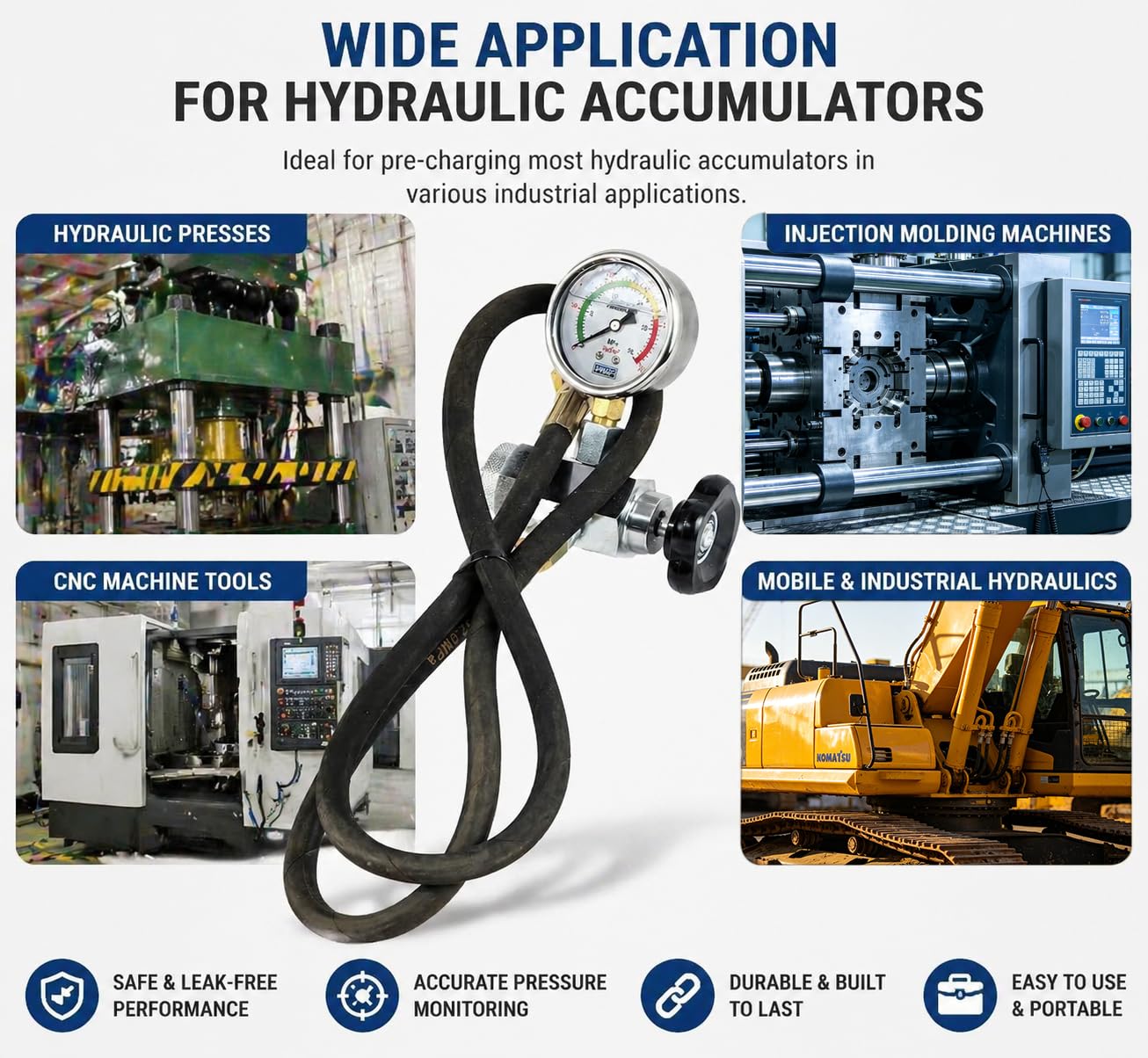 TieMin Hydraulic Diaphragm Accumulator Nitrogen Charging Tool Kit with 3500 PSI (25MPa) Pressure Gauge, M28x1.5 Hose Adapter & Gas Hose for Accumulator Pressure Testing & Filling