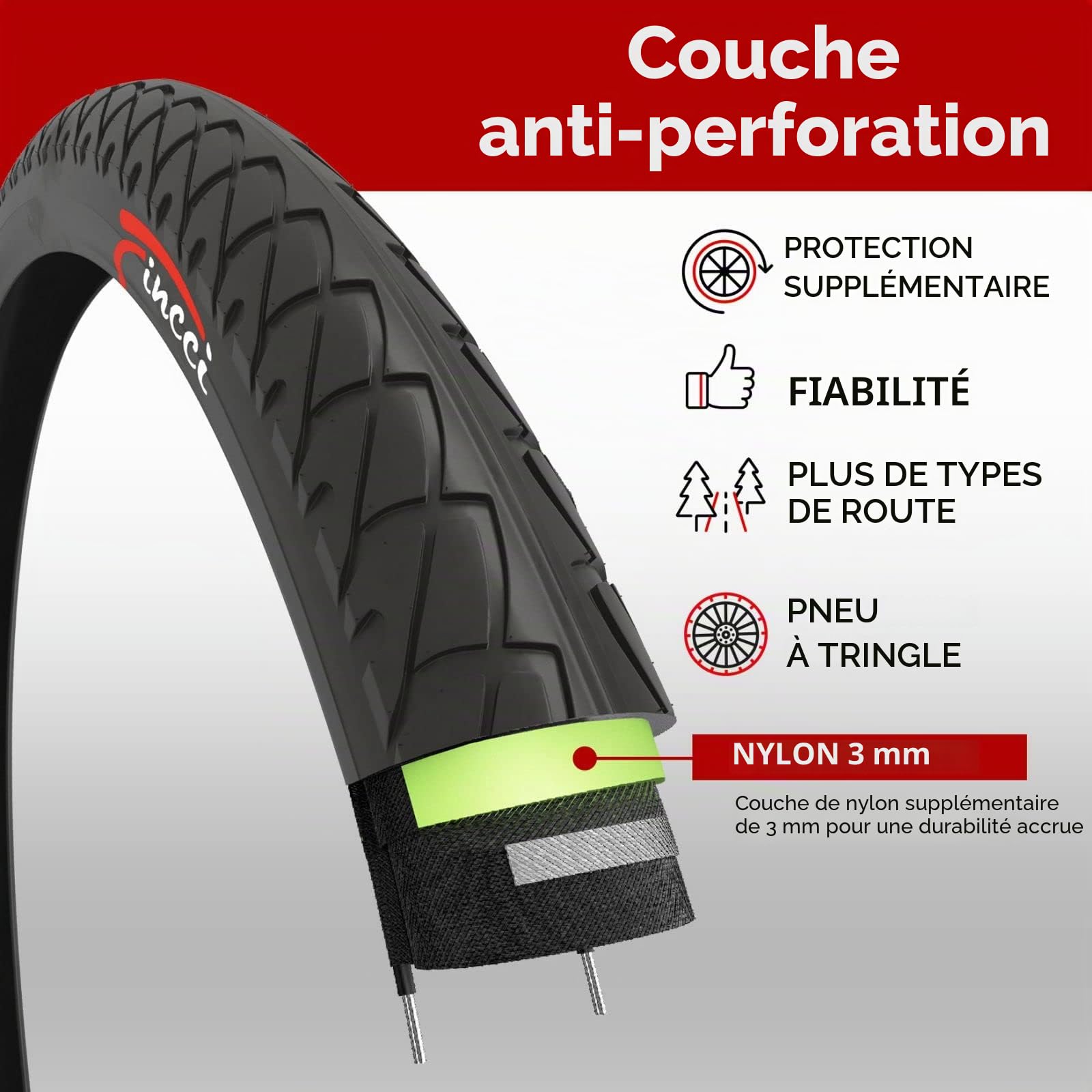 Fincci Pneu Slick 26x1.95 50-559 Anti-Crevaison 3 mm avec Valve Presta | Pneu Slick 26x1.95, ETRTO 50-559, Protection Anti-Crevaison 3 mm et Chambre Presta - Pour Route, VTT, Ville et Hybride