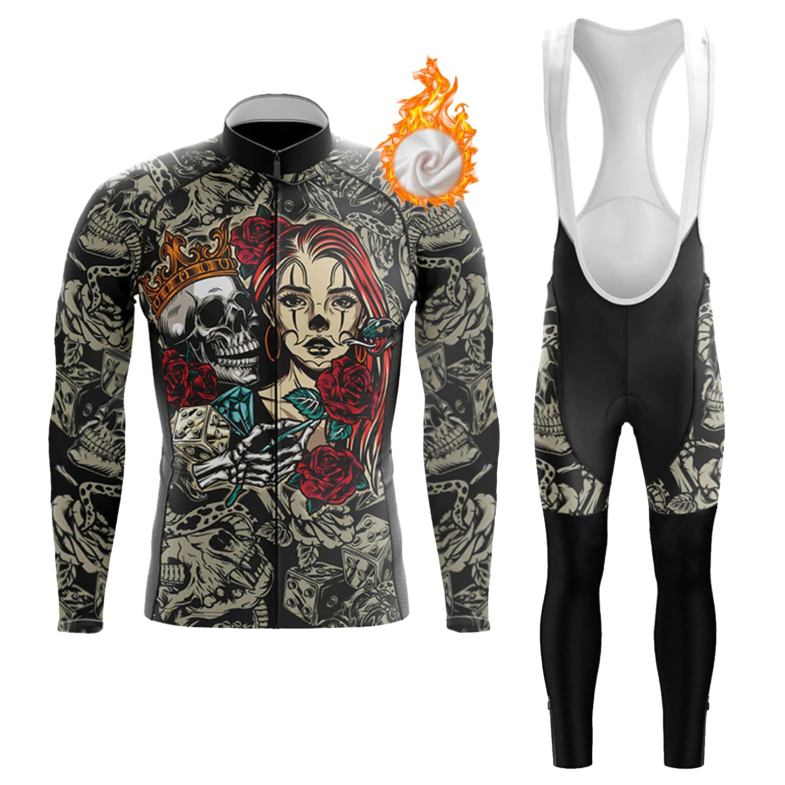Ropa Ciclismo Hombre Conjunto Ciclista Invierno Maillot Bici MTB Polar Térmico,Traje Bicicleta Chaquetas Manga Larga y Culotte Tirantes con 19D Gel Acolchado,Completa de Jerseys Ciclo Transpirable