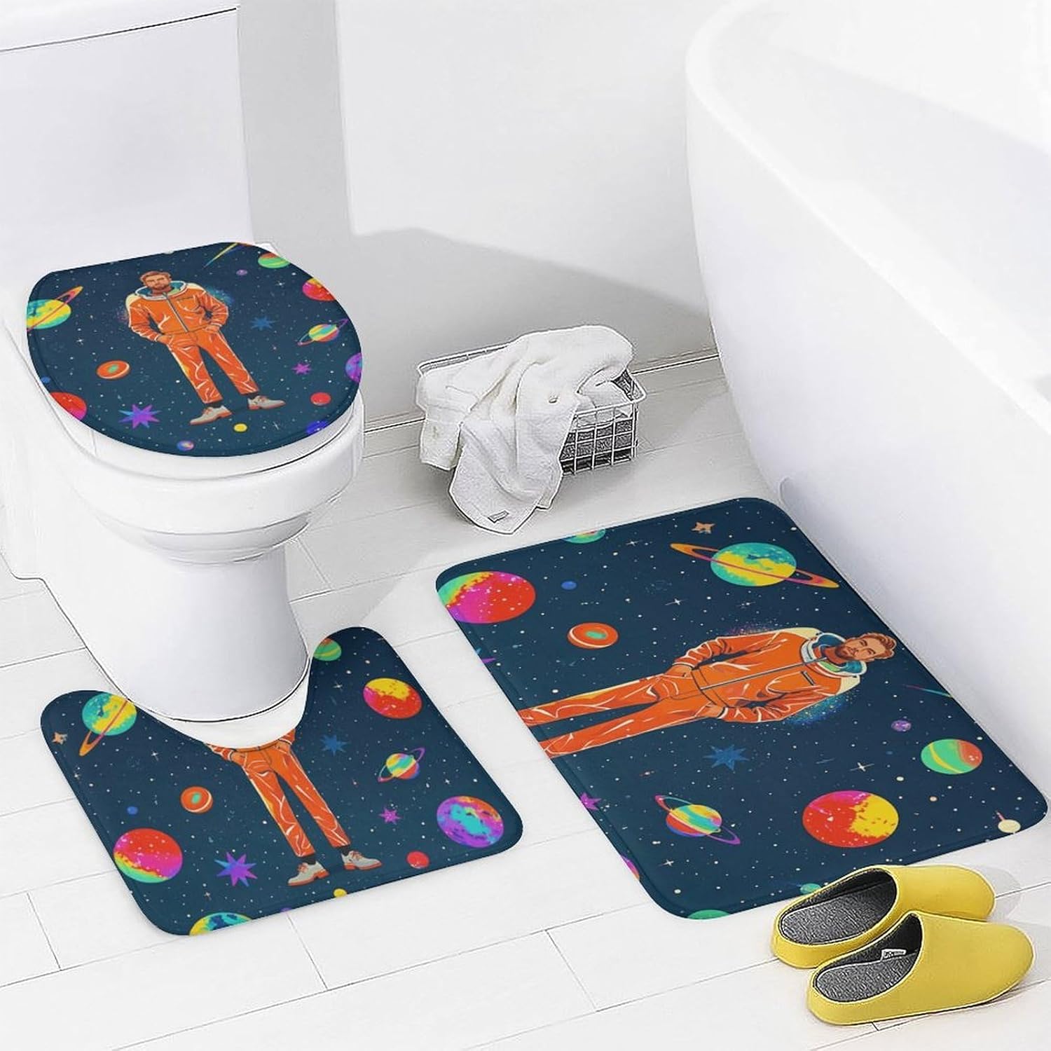 Cool Man in Outer Space Galaxy Shower Curtain Set 4 Piece, Non-Slip Bath Mat with Toilet Lid Cover and Waterproof Shower Curtain with 12 Hooks, Complete Bathroom Set for Home Decor