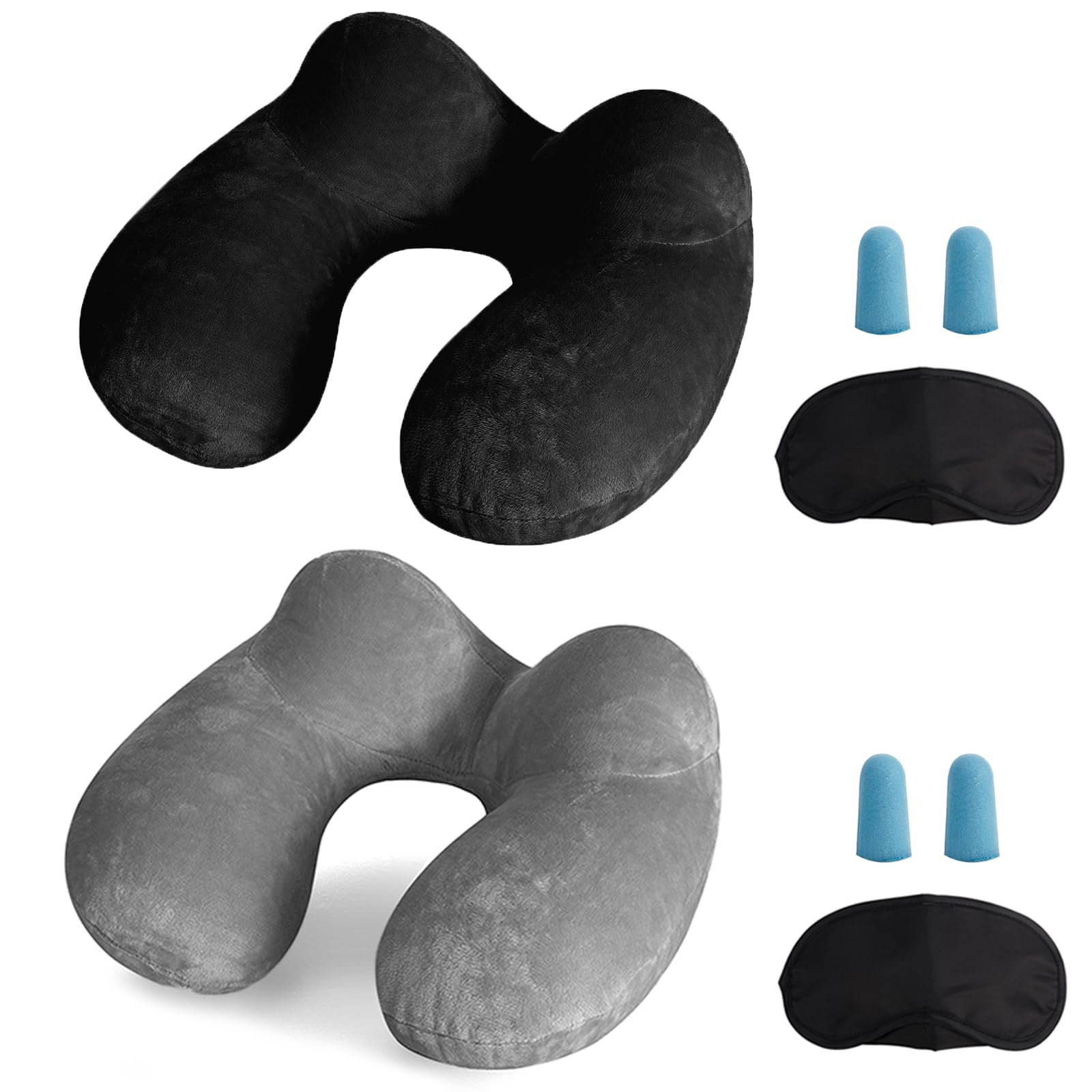 Luzway Black+Grey Inflatable Travel Pillow Neck Pillow Kits Ergonomic Soft Velvet Washable Pillowcase With Ear Plug And Eye Mask, Lightweight Sleeping Rest Cushion For Airplane, Car, And Train（2 Pack）