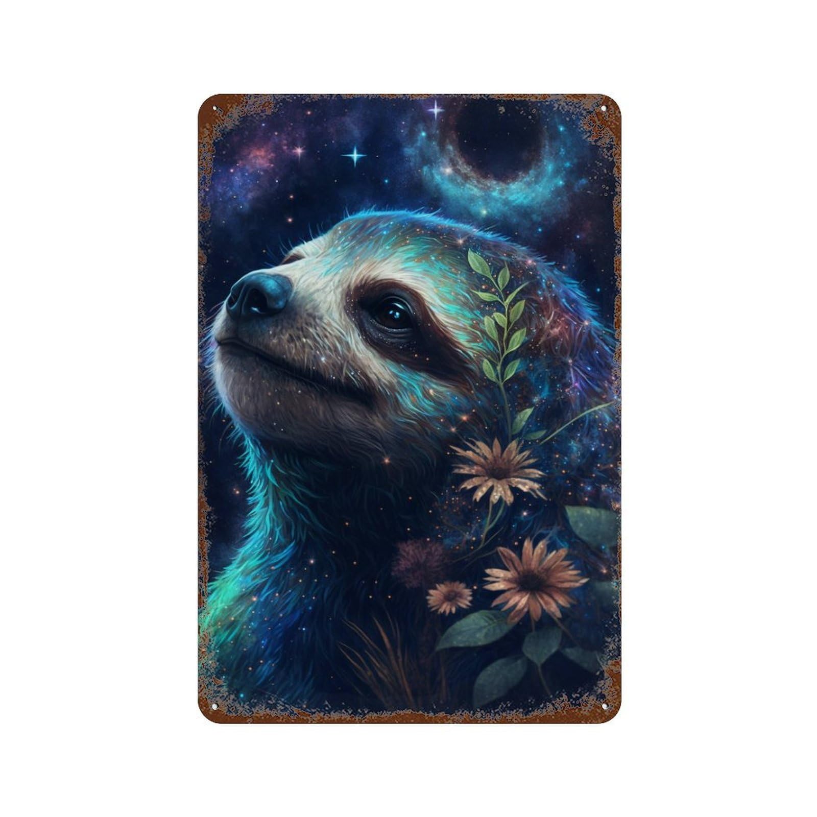 Galactic Sloth with Flowers-9 Decorative Tin Sign 11.8"x7.9", Shabby Chic Decor for Garage, Pub Or Kitchen