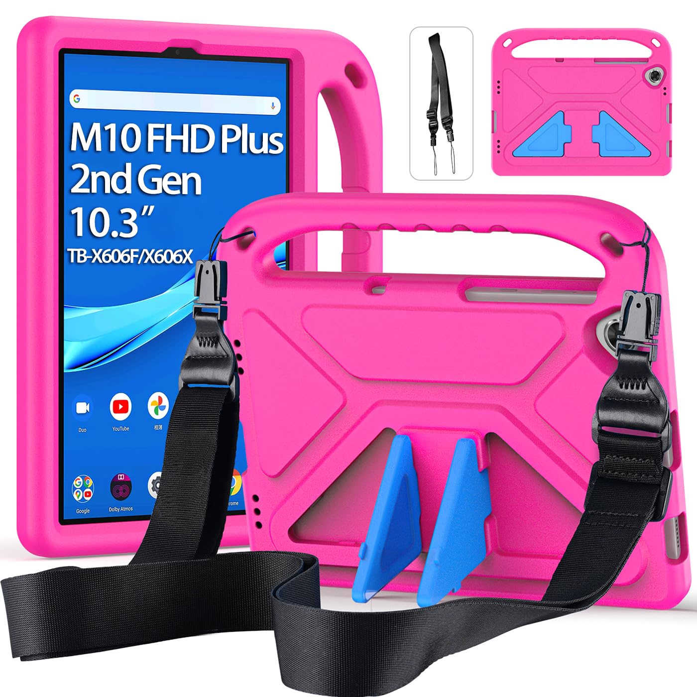 Custodia per Lenovo Tab M10 FHD Plus 10.3 Pollici TB-X606F/TB-X606X, Leggera Antiurto Cover per Bambini con Cavalletto e Spallacci, per Lenovo M10 FHD Plus 10.3" Modello 2020 Tablet, Rosa