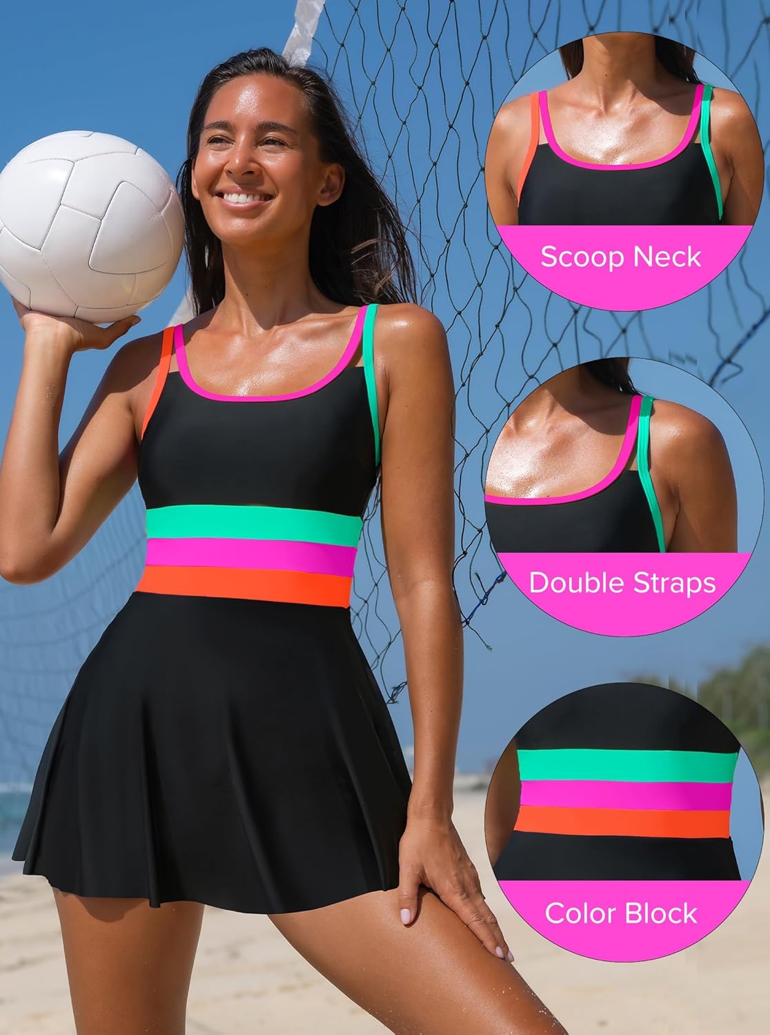 popvil Women One Piece Swimsuit 2026 Tummy Control Bathing Suit Neon Modest Swim Dress with Skirt Full Coverage - Image 9