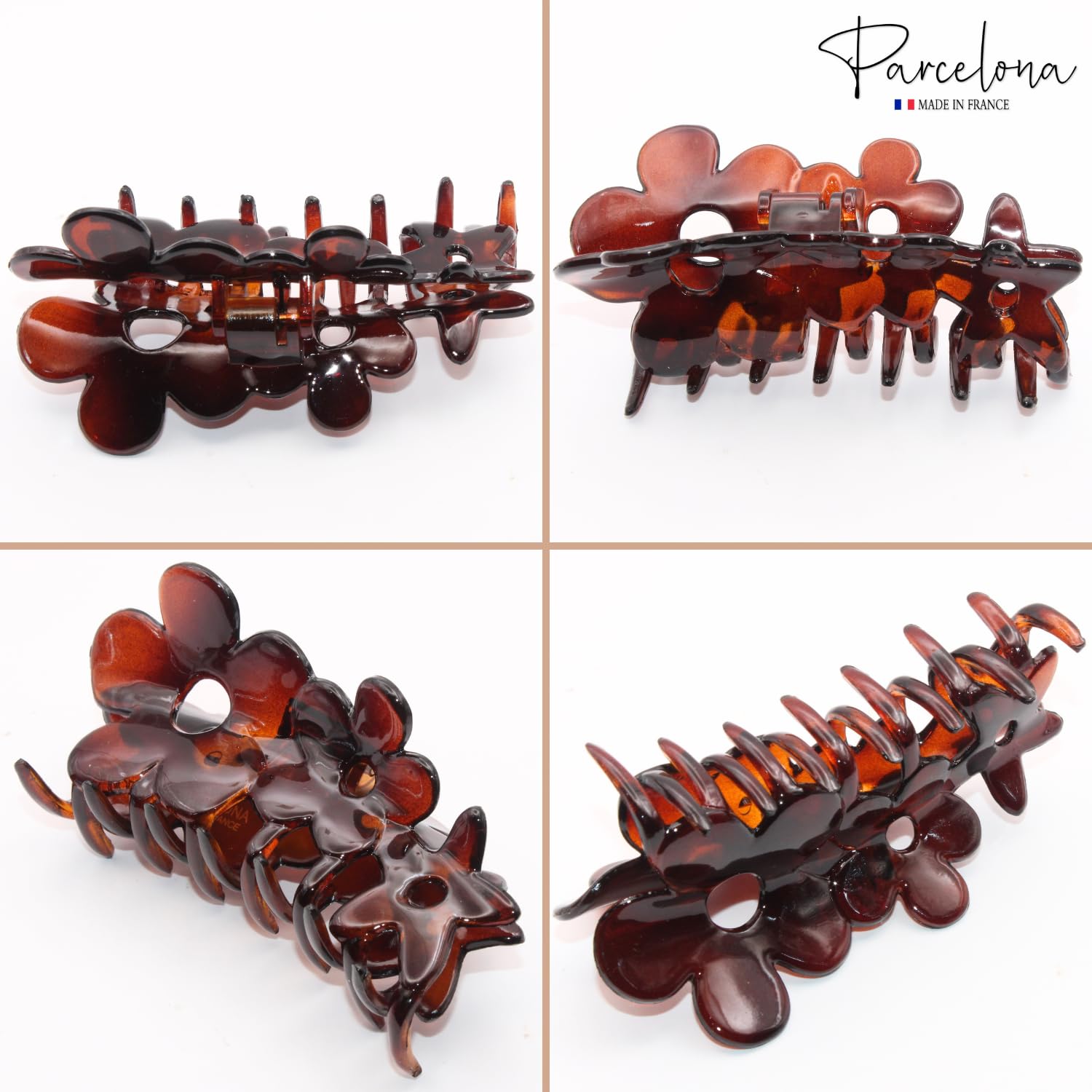 Parcelona French Flowers Medium Covered Spring Brown Tortoise Shell Celluloid Jaw Hair Claw Clips for Women, Made in France - Image 6