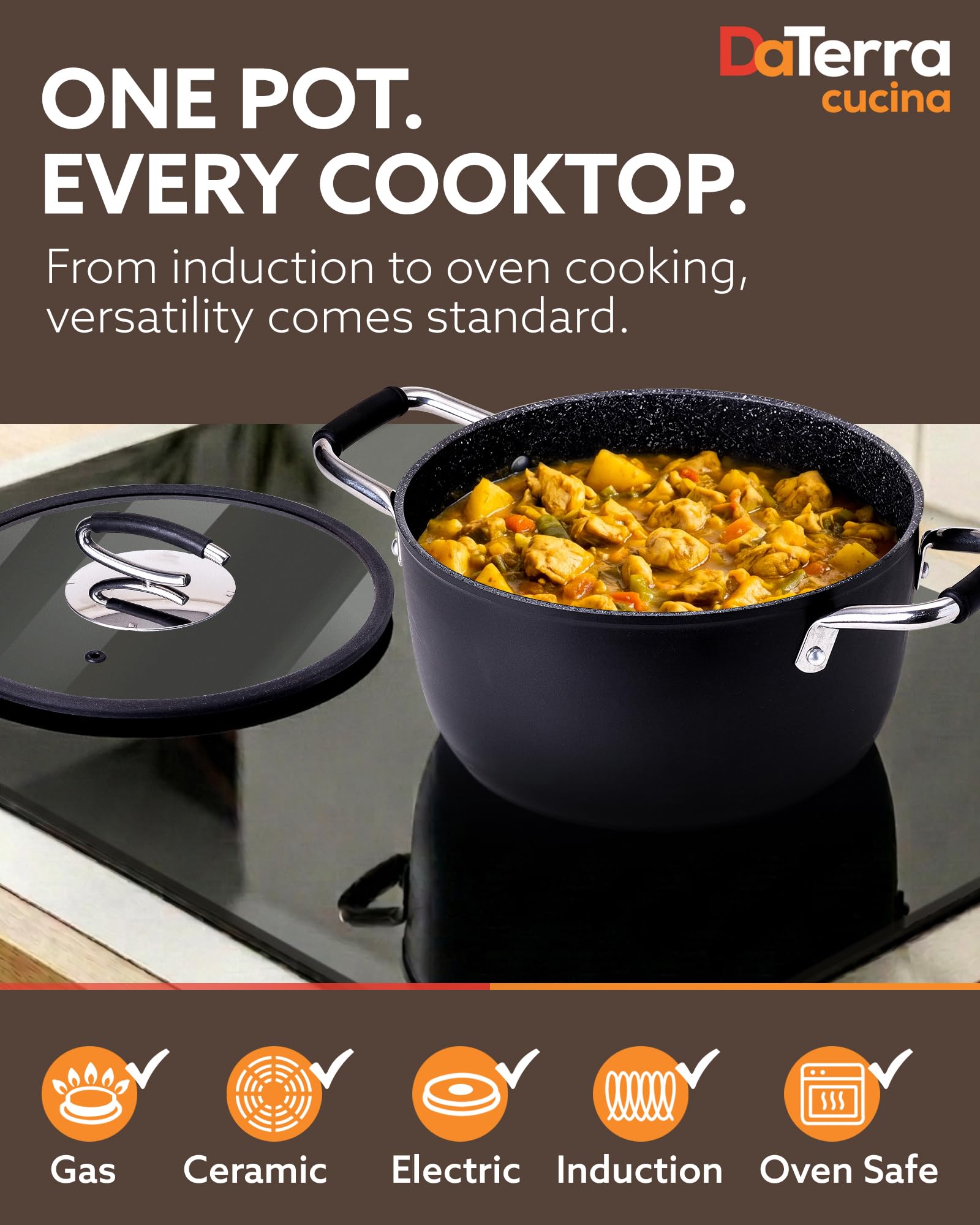 DaTerra Cucina - Pentola da forno olandese in ceramica antiaderente da 5 qt con coperchio - Pentola leggera antiaderente con doppi manici, perfetta per zuppe, pasta, soffriggere, scottare, induzione e
