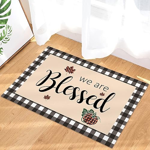 Bath Rugs Entrance Non Slip Front Door Mat Fall Orange Gingham Pumpkin Maple Leaf Kitchen Carpets Farm Buffalo Plaid Floor Mats for Bathroom Bedroom