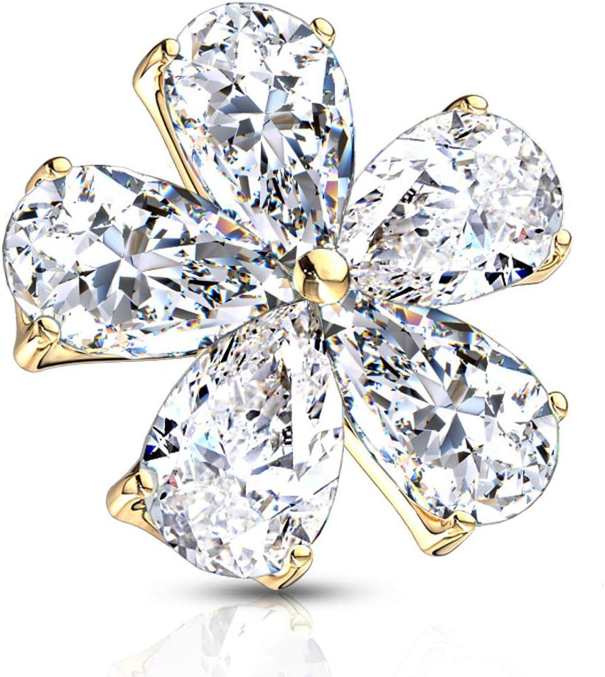 FIFTH CUE 14G Five Pear CZ Flower Dermal Tops - 316L Surgical Steel & Brass, Rhodium/14Kt Gold Plated, Internally Threaded Dermal Piercing Jewelry Tops in 3 Colors