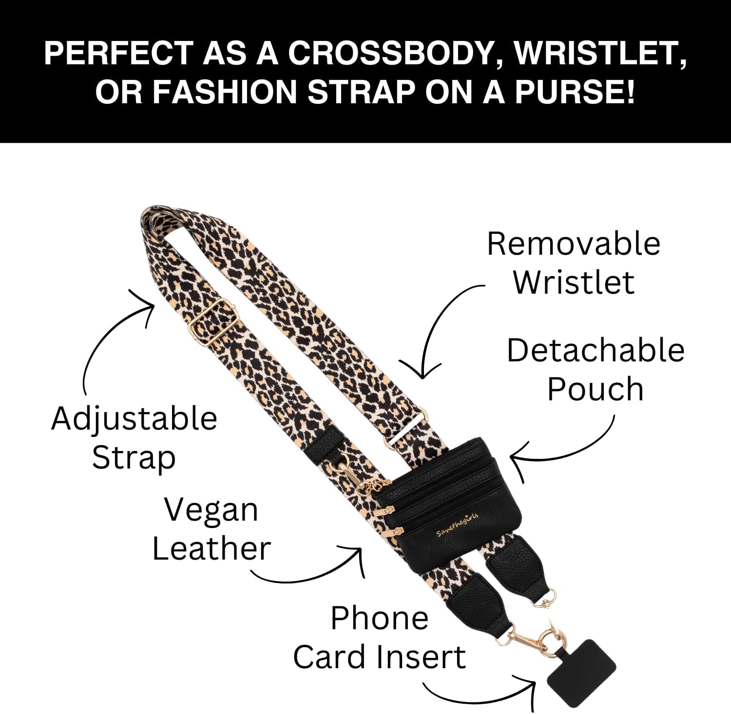 Save the Girls Original Clip and Go Phone Strap (Leopard - Black Pouch) – Crossbody Phone Strap Chain with Zipper Wallet Pouch – Phone Lanyard with Zippered Pouch