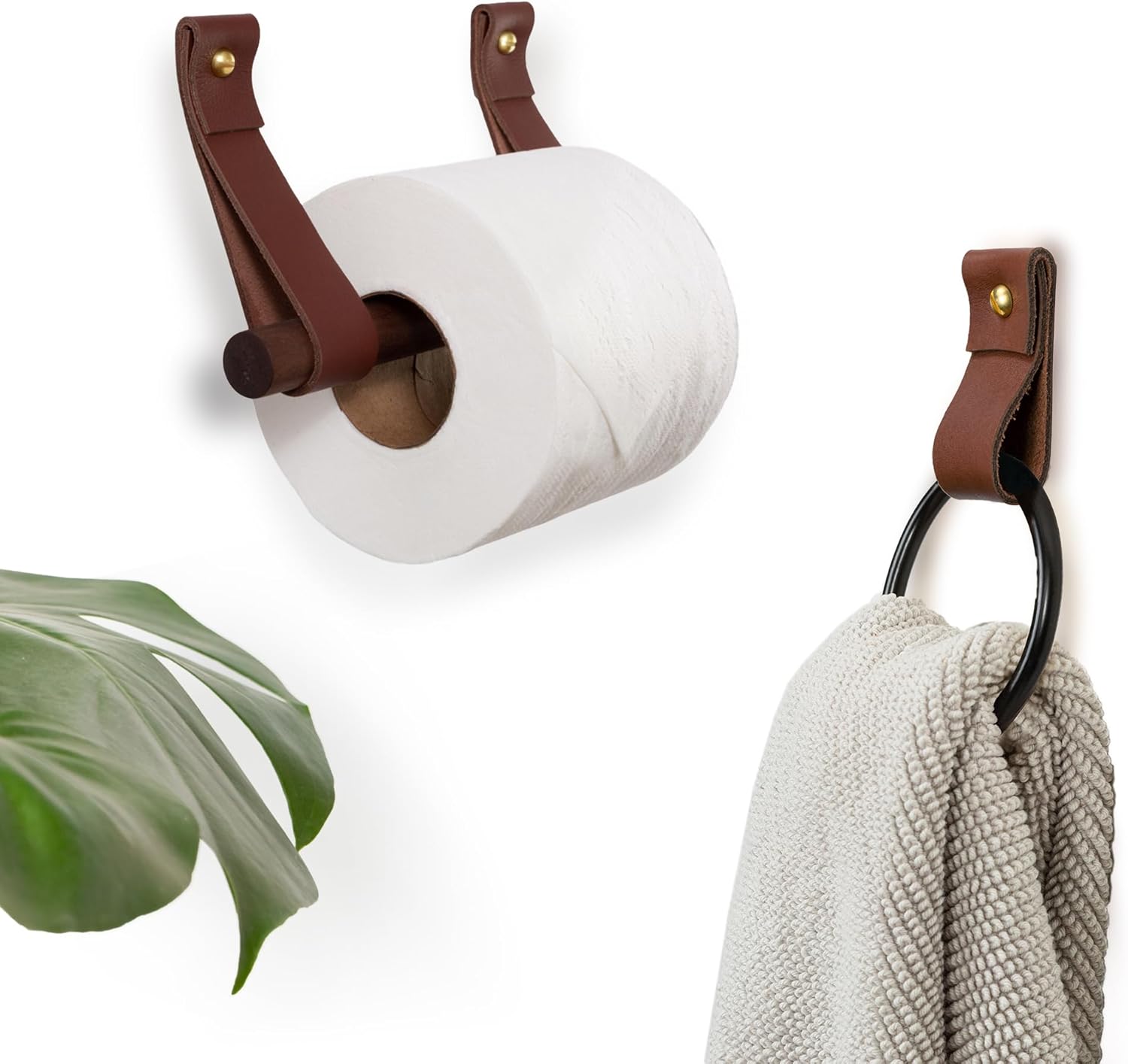 Keyaiira Small Bathroom 2 Piece Fixture Set Leather & Wood Toilet Paper Holder Black Hand Towel Ring Hook Wall Strap Modern Minimal Half Bath Design