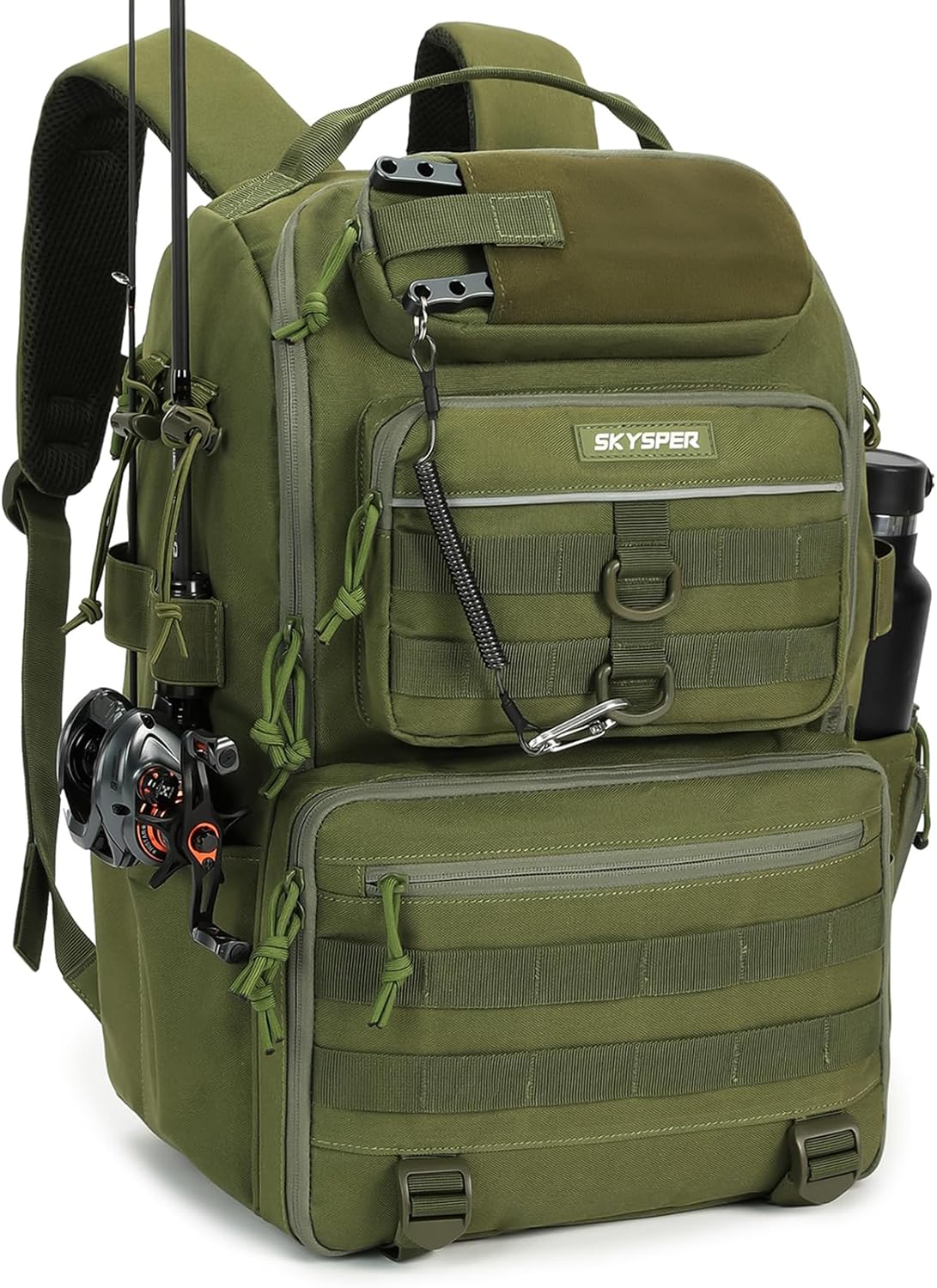 SKYSPER Tackle Backpack Fishing Bags with Rod Holder, 40L Water-Resistant Tackle Box Storage Bag for Fishing Gear Lures(Armygreen)