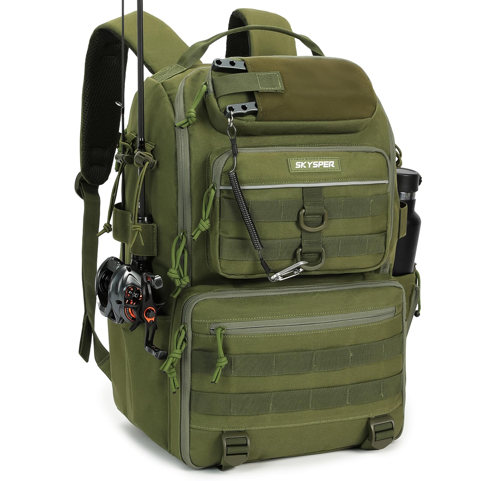 SKYSPER Angelrucksack mit Rutenhalter, 40-Liter Angeln Rucksack mit Verstellbarem Fach für Angeln