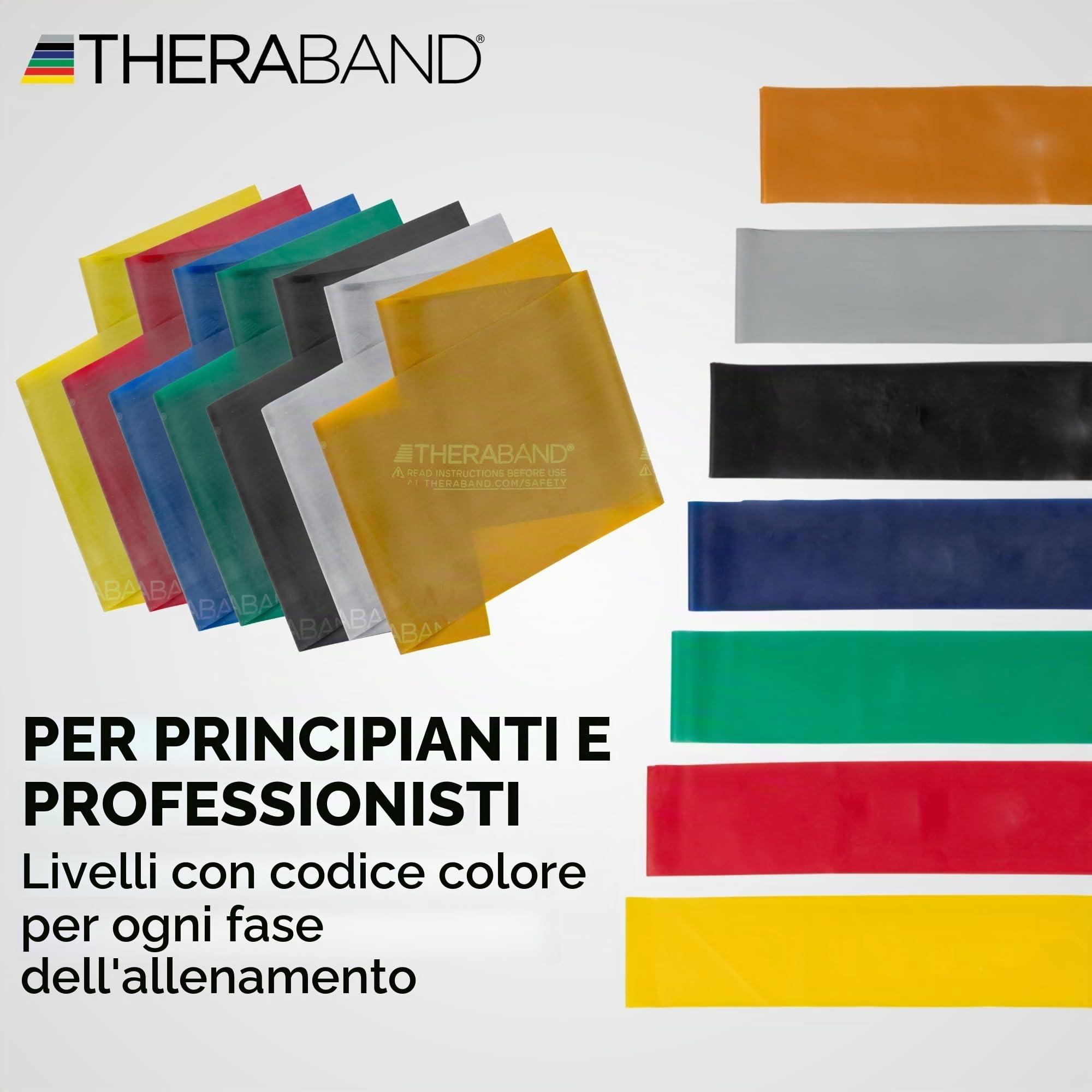 THERABAND Resistance Band Set, Pack of 7 Elastic Bands for Legs, Butt, Arms, & Shoulders, 6' Individual Flat Exercise Bands, Professional Latex Rehab Bands, Beginner to Elite Resistance, 7 Levels