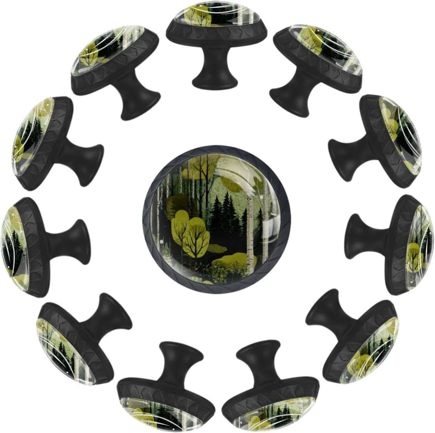Black Green Woodland Forest Earth Tones Retro (1) Round Drawer Pulls, Glass Cabinet Knobs with Screws for Various Cabinets