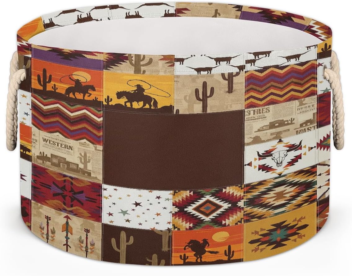 Large Storage Baskets - Rodeo Cactus Aztec Nursery Round Collapsible Organizer Bin Box, Laundry Hamper for Kids Toys, Blanket, Bedroom Living Room Home Decor, Gift Basket, 19.4"x13.3"