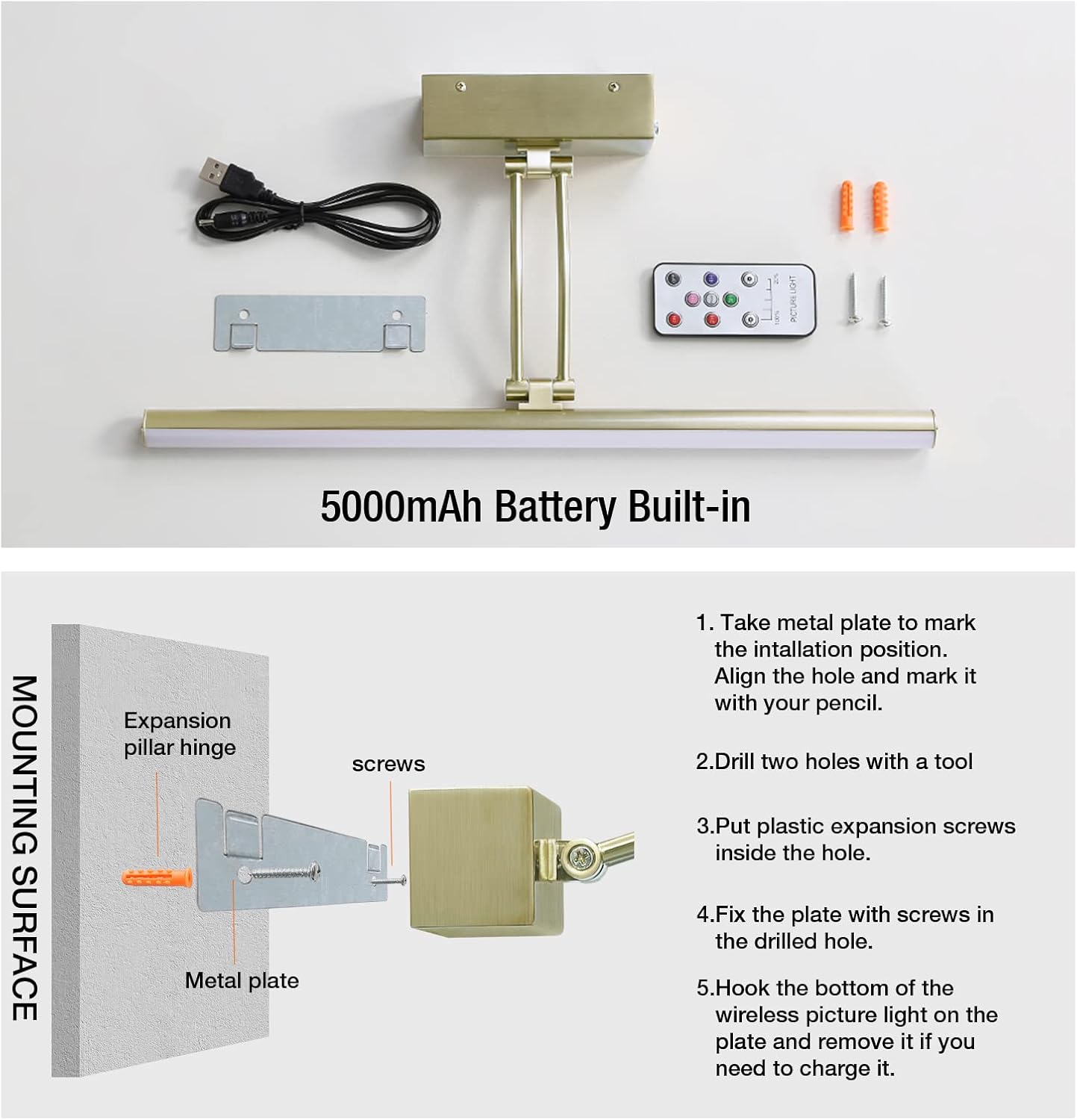 FUNCHDAY Wireless Picture Lights,Rechargeable Battery Picture Light for Paintings with Remote, Dimmable Dartboard Light with Timer,16“ Full Metal Art Light for Wall Frame Portrait Anque Brass