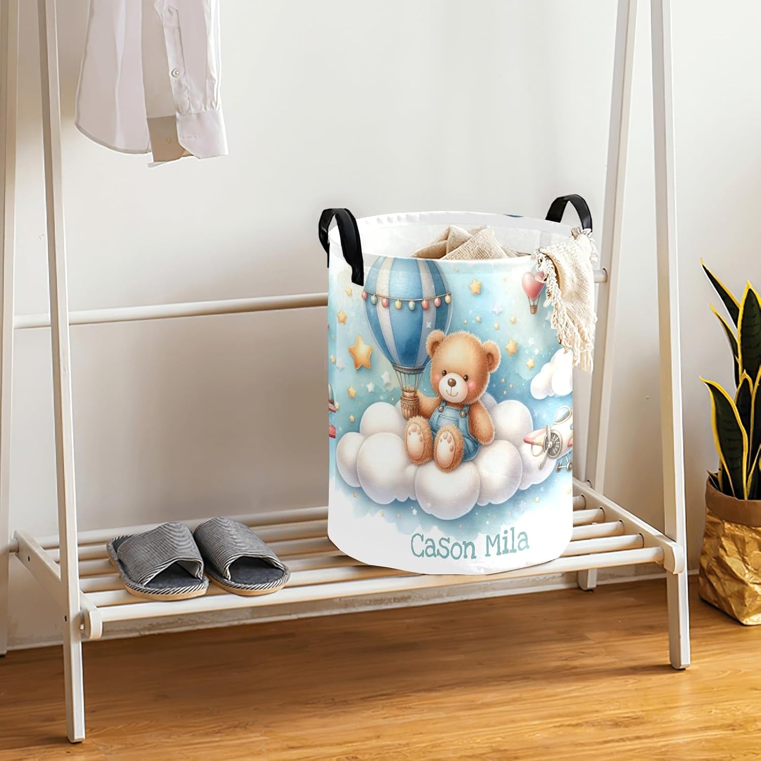Pilot Bear Airplane Personalized Laundry Basket Custom Name Collapsible Waterproof Laundry Hamper Clothes with Handle for Bedroom Bathroom Nursery Decor