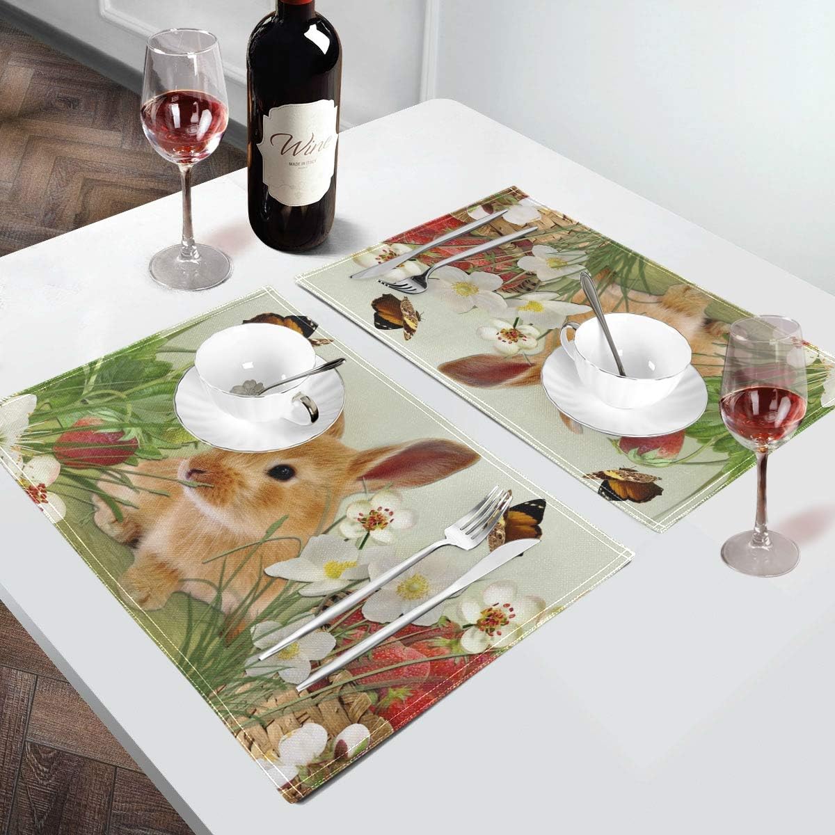 Oarencol Cute Easter Bunny Strawberries Rabbit Spring Summer Placemat Table Mats Set of 6, Heat-Resistant Washable Clean Kitchen Place Mats for Dining Table Decoration