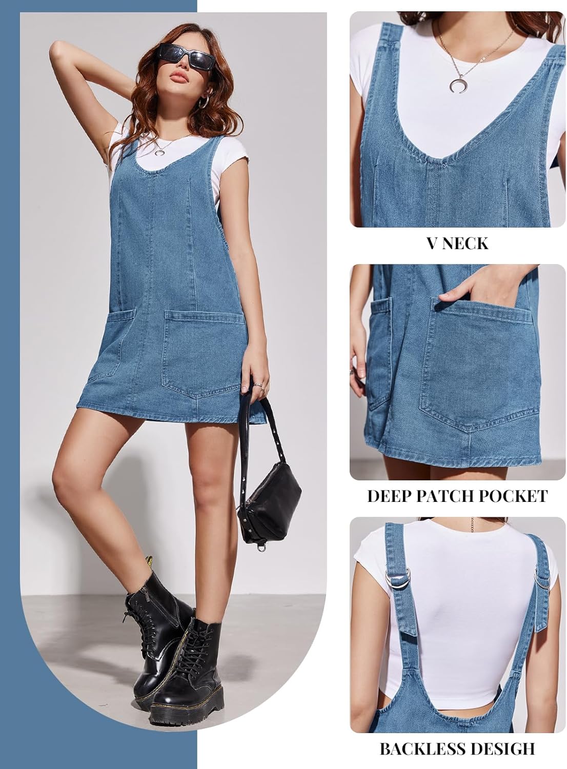 PLNOTME Womens Sleeveless Denim Overall Dress V Neck Summer Mini Jean Dress with Pockets - Image 6