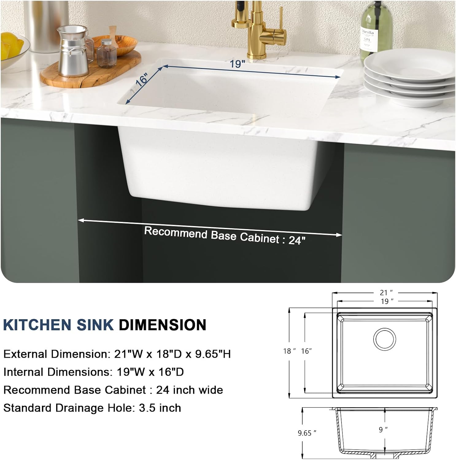Lordear 21 Inch White Kitchen Sink Granite Composite Undermount Bar Sink Workstation 21x18 White Quartz Samll Under Counter Single Bowl with Gold Accessories