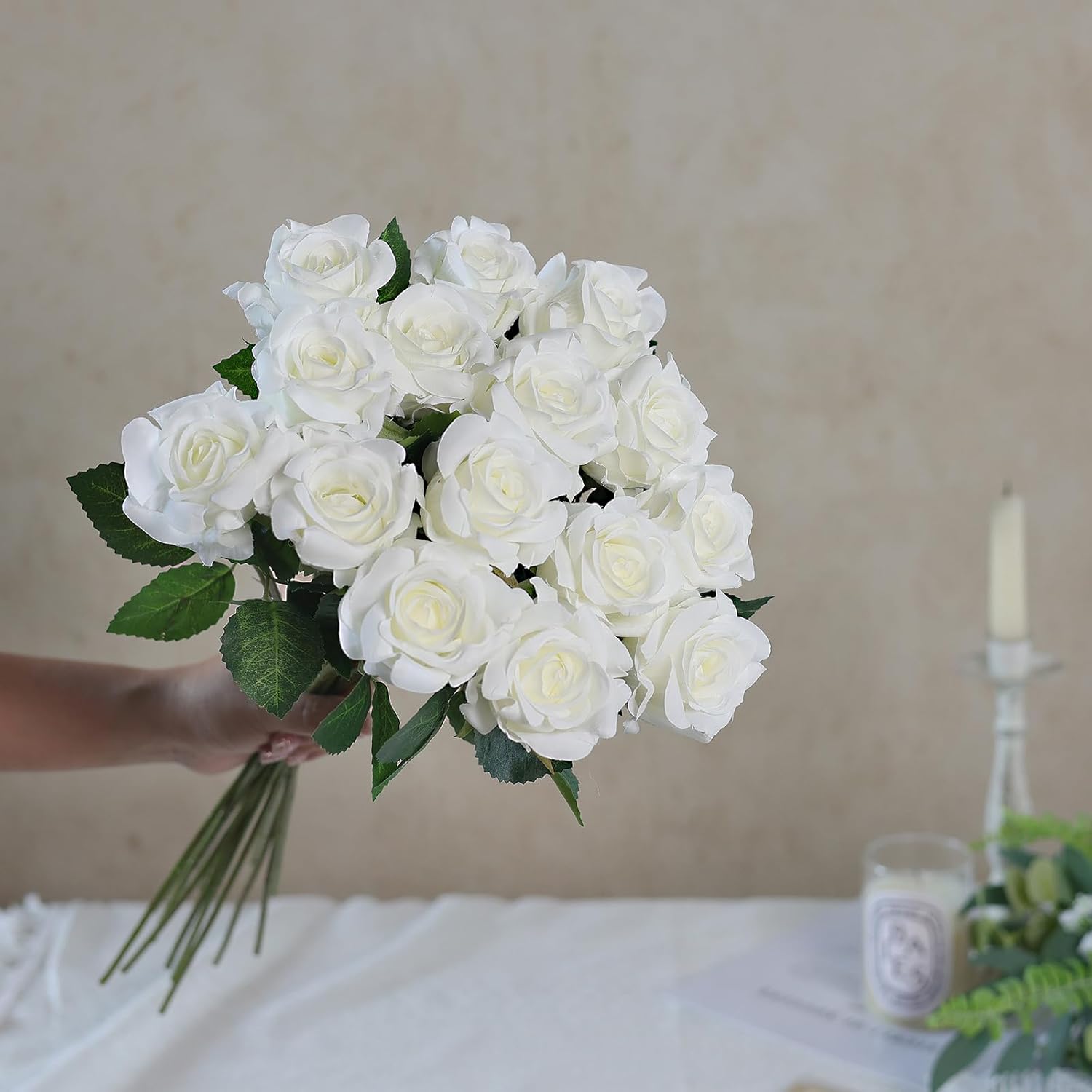 FOTEEWL 60 Pcs Artificial Rose Flower Realistic Faux Silk Roses Stem Fake Roses Bouquet for Flower Arrangement,Wedding Centerpieces,Party,Home Decorations (White) - Image 8