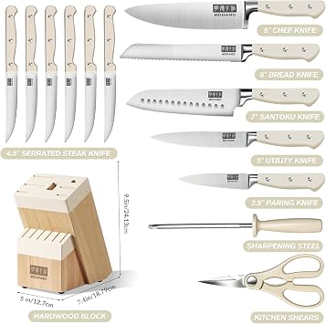 MDHAND Knife Set with Block, Kitchen Knife Set with Block and Sharpener