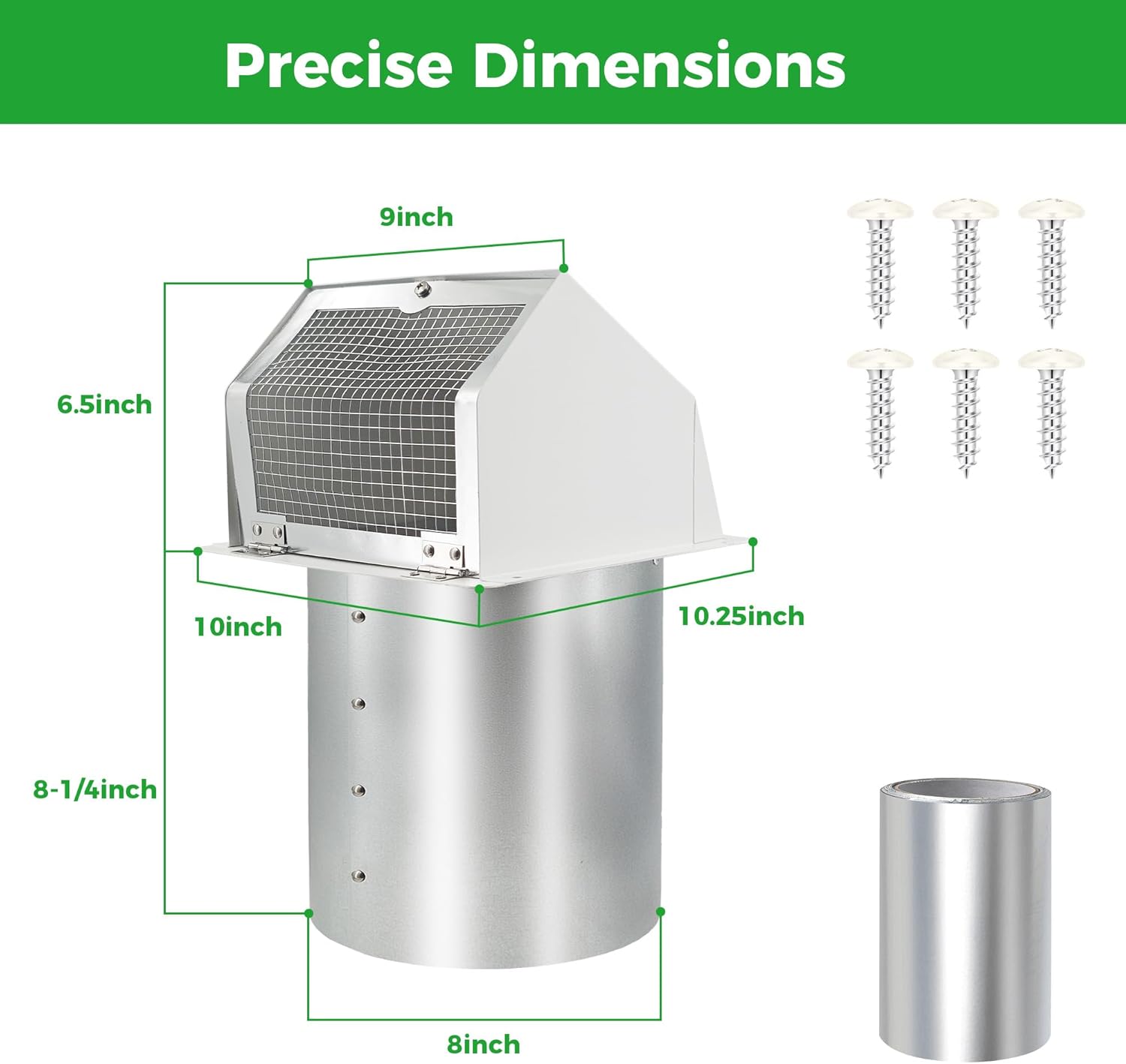 8 Inch Universal Hooded Wall Vent with Screen and Damper for Exhaust Vent Dryer Vents Cover, Outdoor Kitchen Range Hoods, and HVAC Ducts (Galvanized Steel)