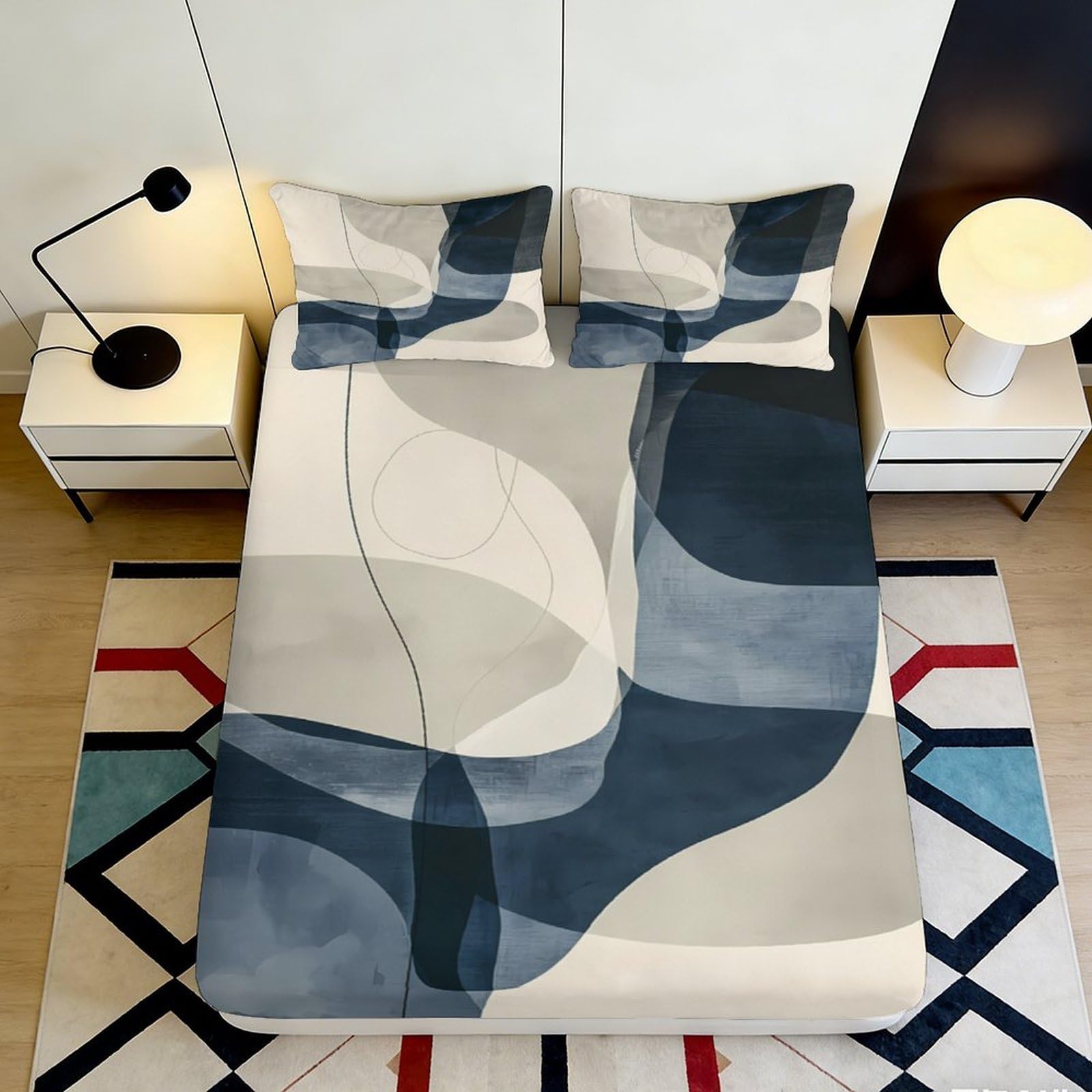 3D Printed Abstract Geometry Fitted Sheet Microfiber Soft Breathable Minimalist Blue Mattress Cover for Bedroom Dorm Decor 90x200x25cm