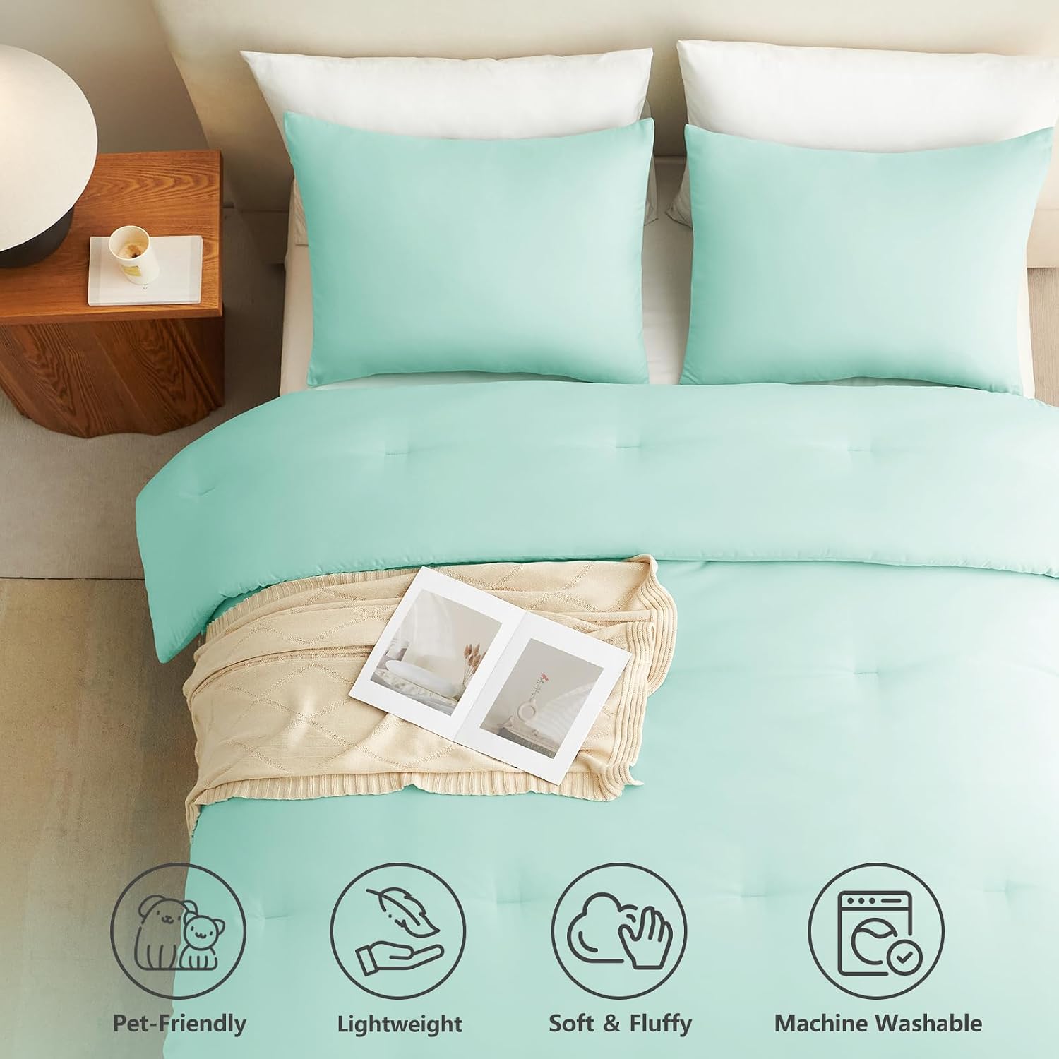 CozyLux Queen Comforter Set Mint Green, 3 Pieces Lightweight Comforters Queen Size Quilted Bedding Set, All Season Breathable Solid Down Alternative Comforter with 2 Pillowcases, Soft Bed Set for Home thumbnail