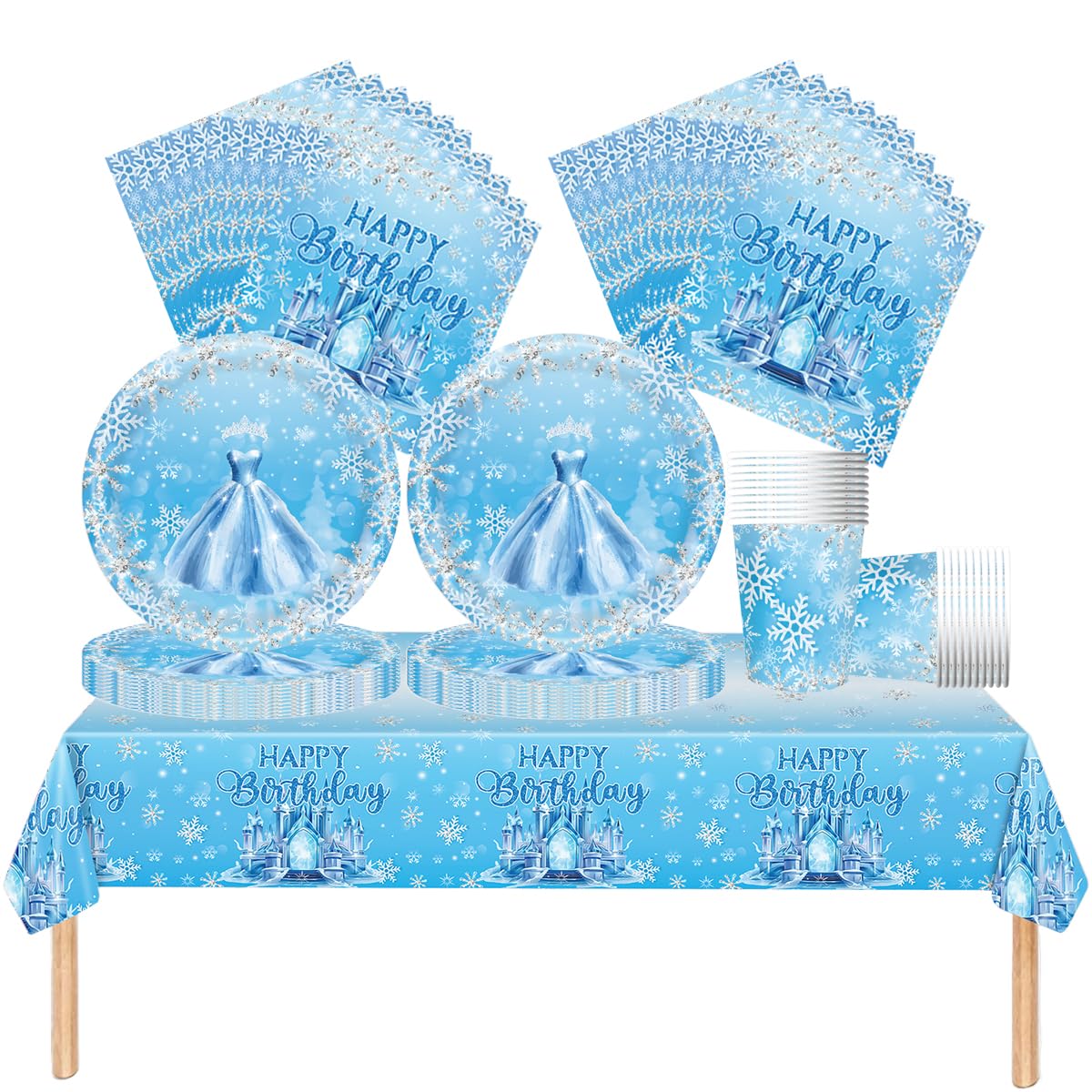 Frozen Stoviglie per feste, 61 pezzi Castello di ghiaccio Stoviglie per compleanni per bambini, Fiocchi di neve Set di piatti di carta per feste, Compresi bicchieri, tovaglioli e tovaglie