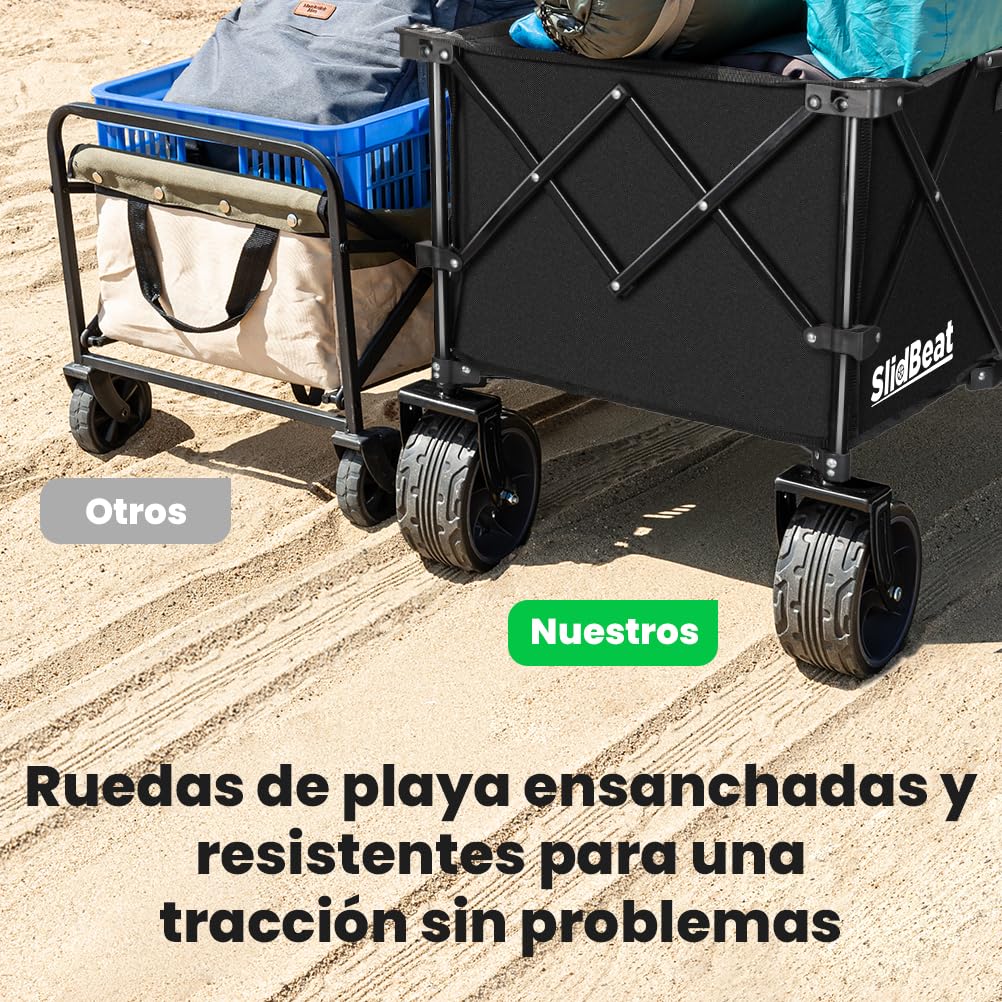 SLIDBEAT Carro de Transporte Plegable Todo Terreno – 226kg/300L, Estructura Triangular, Ruedas de 18cm con Frenos y Lona 600D Impermeable, Jardín, Playa, Camping, Compras y Vacacione