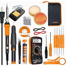 TOWOT Soldering Iron Kit, Electronic Soldering Iron 60W Adjustable Temperature, Deoldering Pump, Tin Wire, Solder Wick, Tweezers, Soldering Iron Tips Set, Soldering Iron Stand, Wire Strippers