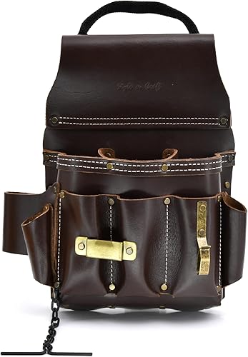 Style n Craft Bolsa de herramientas para electricista de 10 bolsillos, bolsa de herramientas de cuero resistente con clip de cinta de metal, cadena