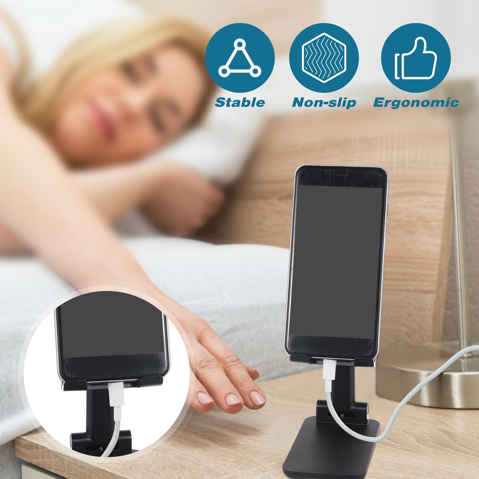 Wonderjune 12 soportes para teléfono celular para escritorio, soporte plegable en ángulo de altura ajustable, soporte portátil para tableta para oficina, viajes, fotografía (negro)