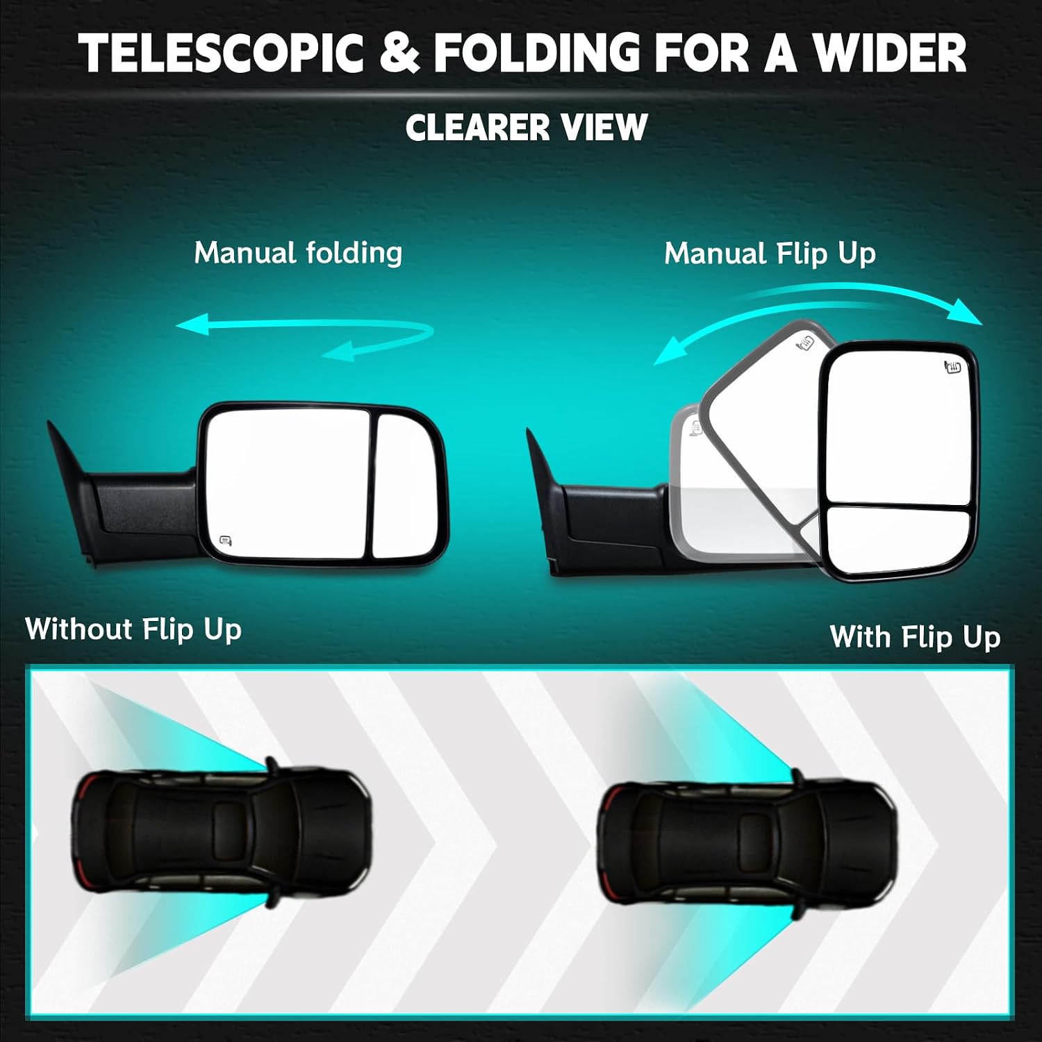 Tow Mirrors Compatible with 1994 1995 1996 1997 Dodge Ram 1500 2500 3500 Extended Trailer Towing Mirrors Power Heated LED Turn Signal Light Manual Flip Up Pickup Truck Black Pair Set Mirrors