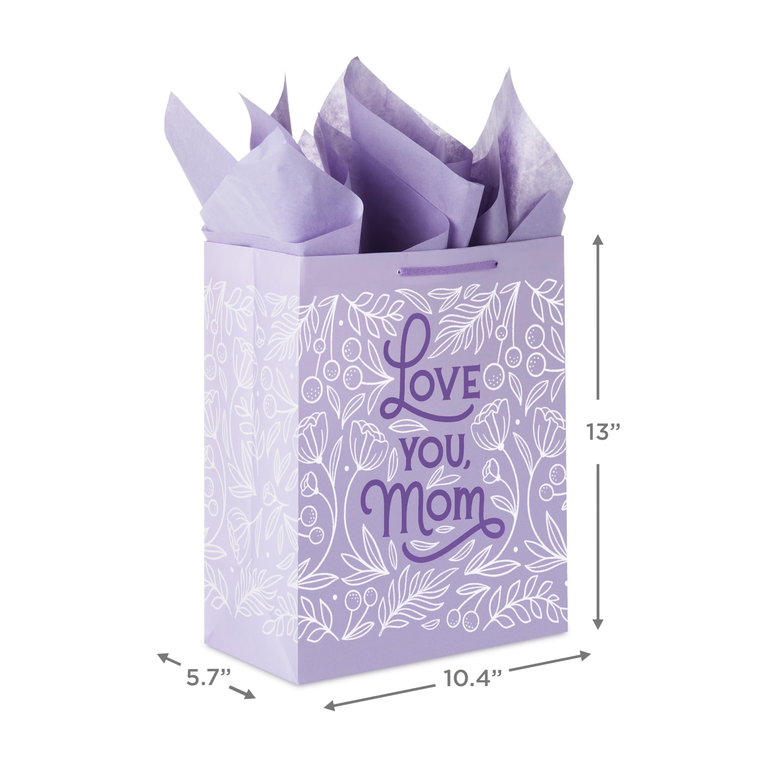 Hallmark 13" Large Mother's Day Gift Bag with Tissue Paper and Card (Love You Mom, Lavender, Modern Flowers)