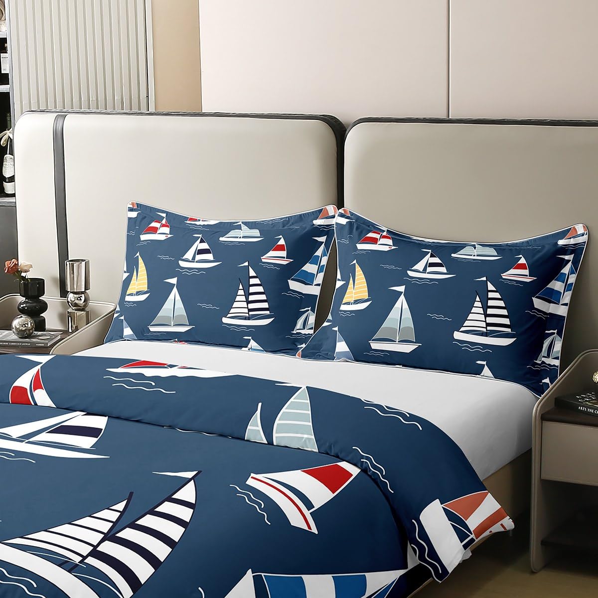 Loussiesd Kids Boat 100% Cotton Duvet Cover King Size Nautical Bedding Cotton Duvet Cover Set Ocean Themed Comforter Cover Set Navy Blue Bedspread Cover - Image 4
