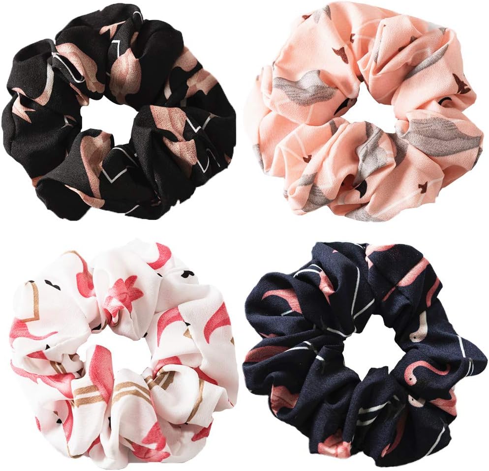 Hair Srunchies,4 Style Elastic Hair Bands for Girls Women,4 Pcs Flamingo Pattern Hair Bow Chiffon Ponytail Holder,Colorful Hair Scrunchy Bobbles Soft Hair Bands Ties Headband