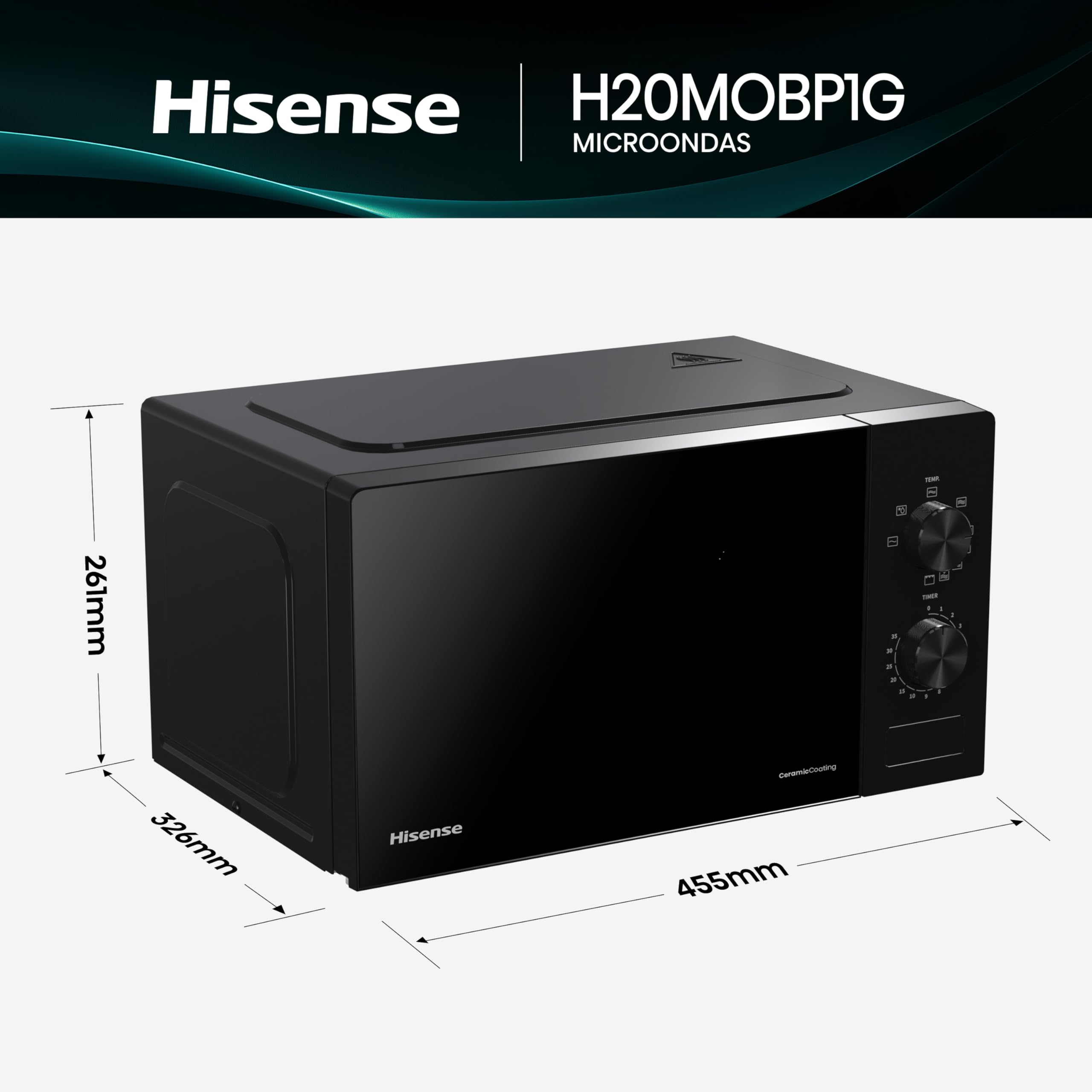 Hisense H20MOBP1G - Microondas con Grill 20 L, 700 W de Potencia, 800W Grill, Revestimiento Cerámico, Cristal Premium, 5 Niveles, Fácil Limpieza, Temporizador cocción, Negro